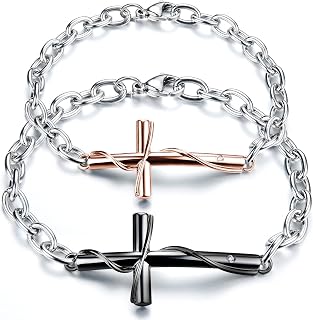 2pcs His & Hers Stainless Steel Crucifix Cross Couple Bracelets Valentines Day Gift for Lovers (Black & Rose Gold)
