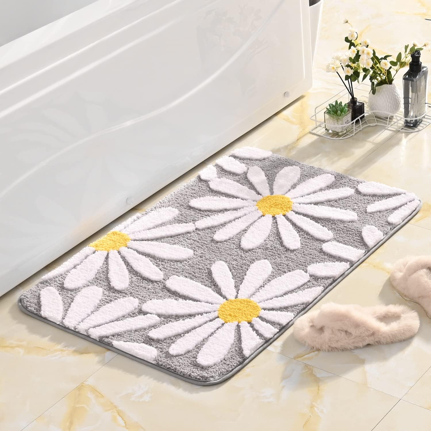 QJHOMO Gray Bathroom Rugs Cute Daisy Bath Mat White and Yellow Flower Decor Rug Non Slip Floor Carpet Microfiber Bathmat Super Absorbent Machine Washable Bathtub Mats for Shower (24x36 inch)