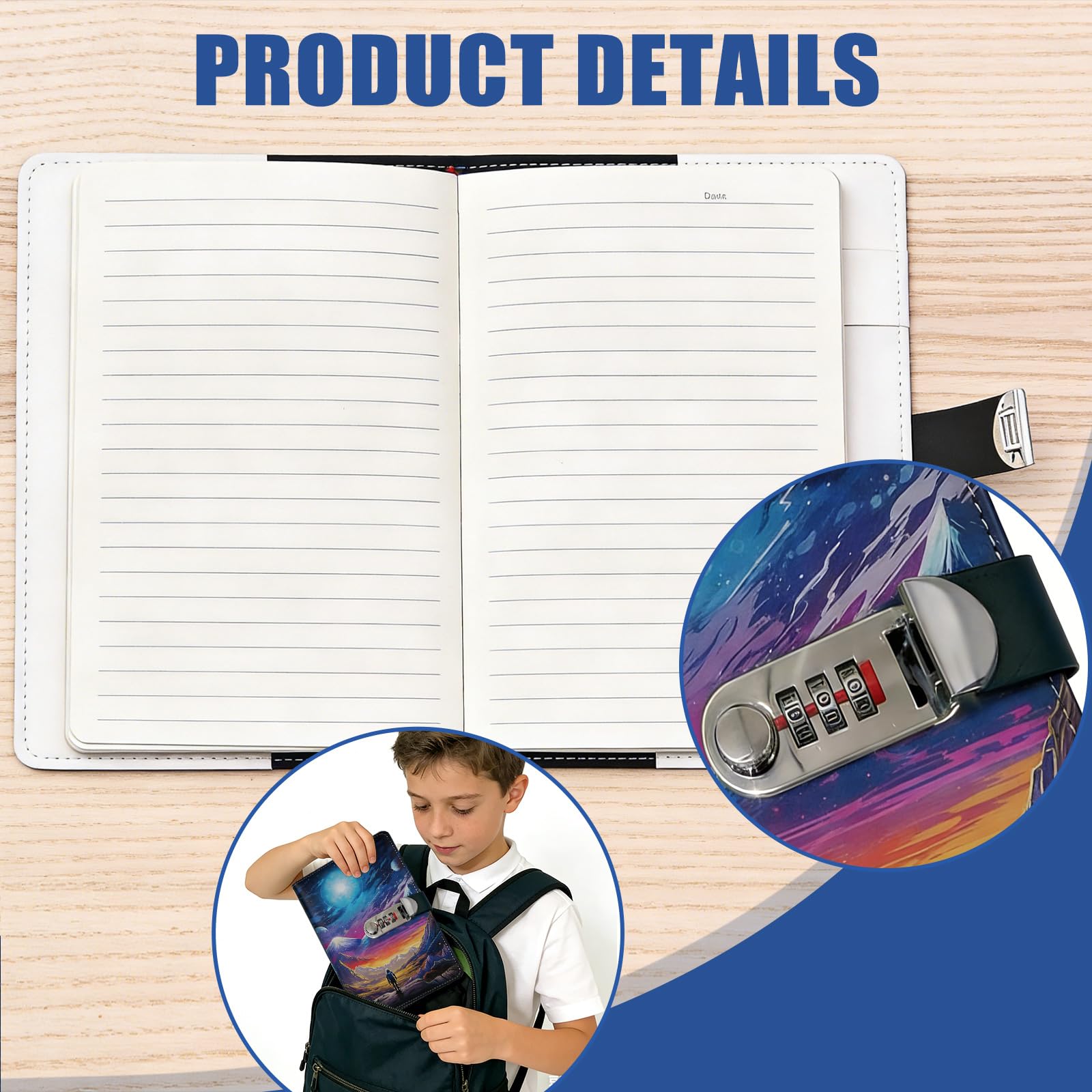 SIMDAO Diary with Lock for Boys, PU Leather Diary with Pen, 120 Sheets/240 Pages Space Themed Journal with Combination Lock, Kids Secret Diary, Football Gifts for Women Men Teens, 6.1in X 8.3in - Image 4