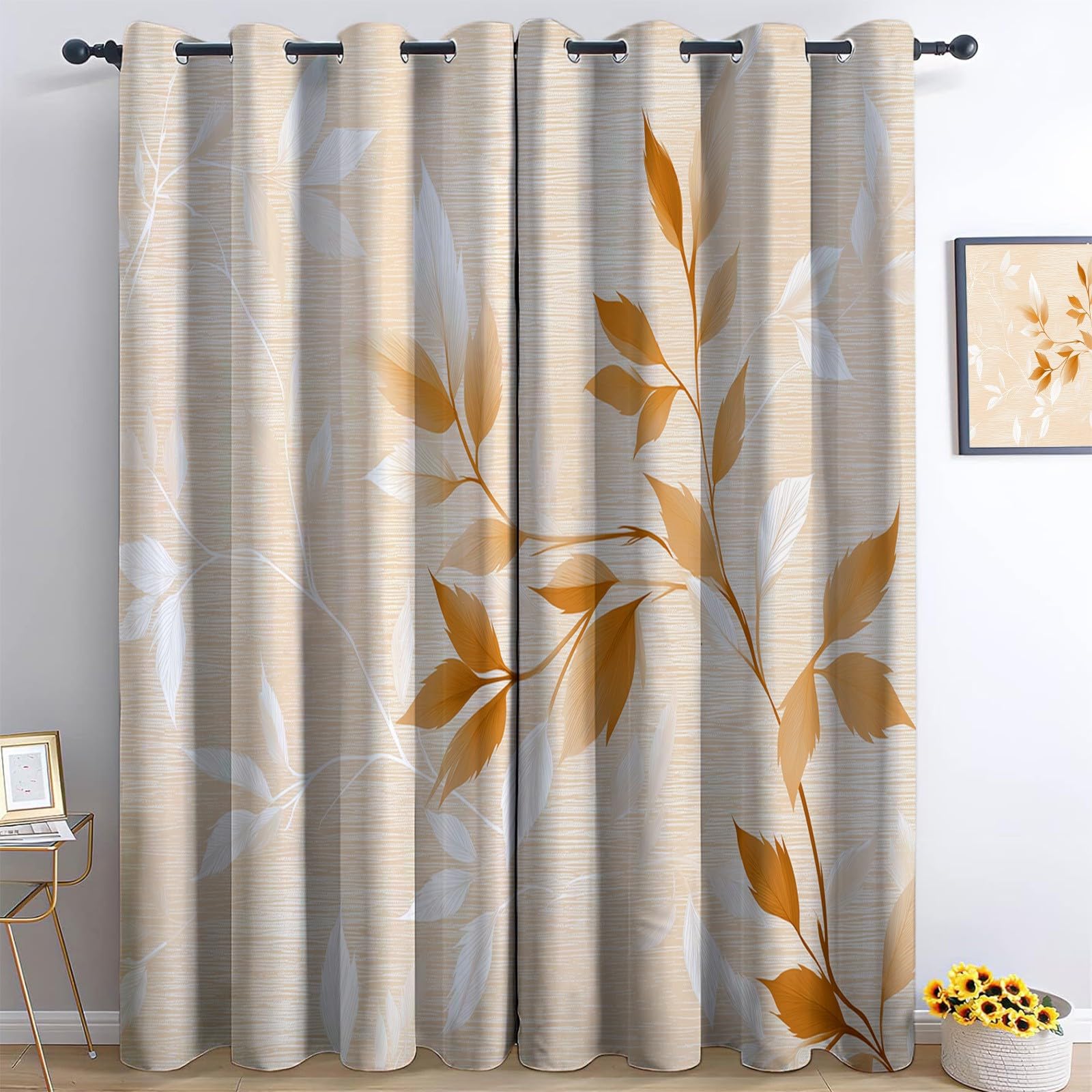 Blackout Curtains Retro Style Leaves Vines Eyelet Thermal Insulated Window Drapes, Beige 46” W x 72” L (2 Panels) Curtains for Bedroom Living Room Playroom
