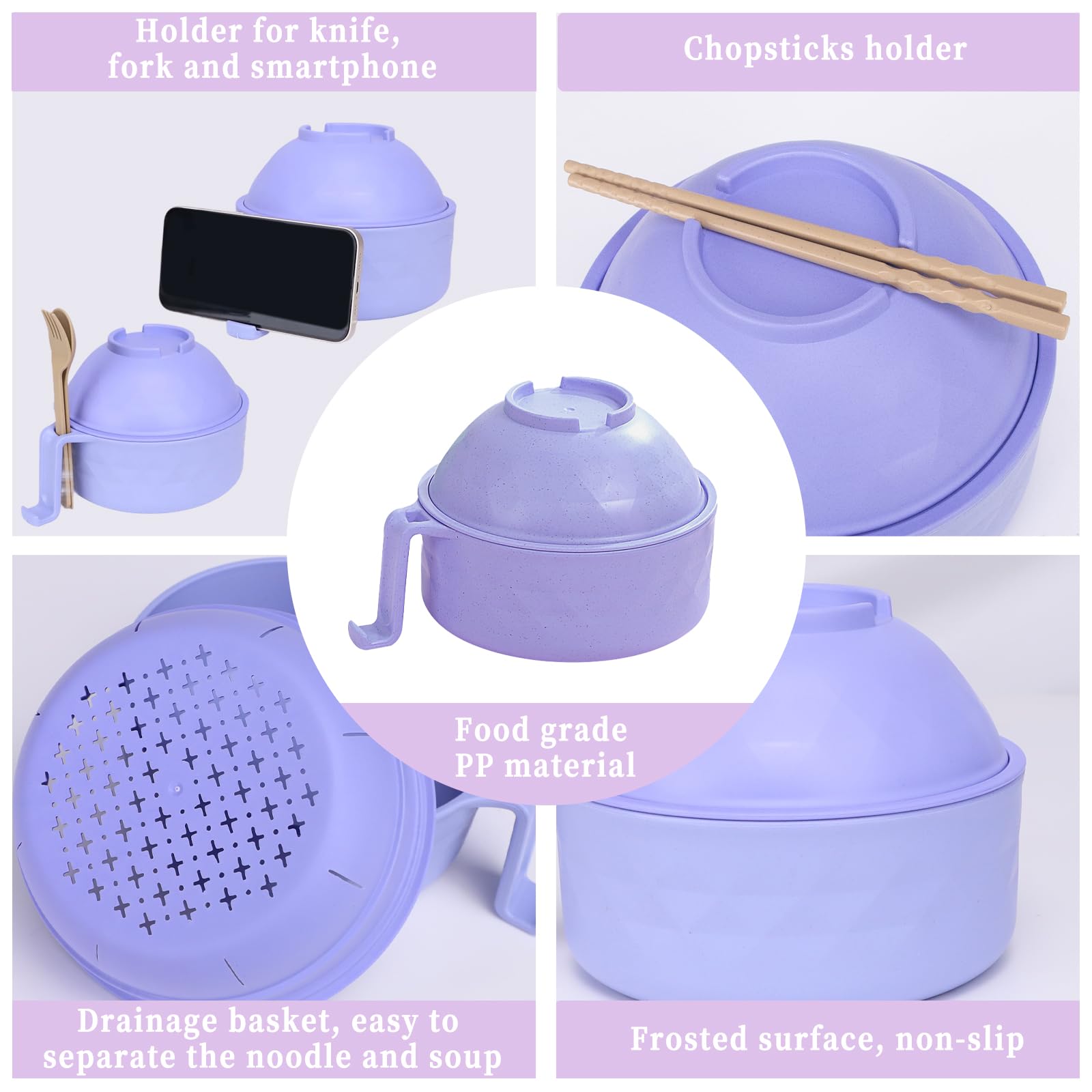 EOAMGO Ramen Bowl Set including Lid, Chopsticks and Fork, 1200ml Large Portable Soup Container, Microwave Safe - Image 3