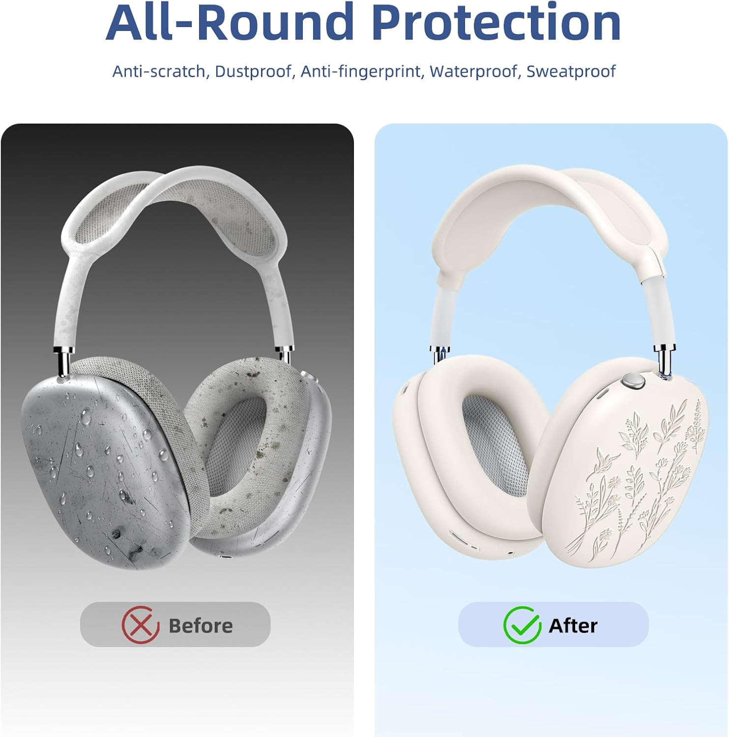 [4 in 1] Flower Engraved Silicone Case Cover for AirPods Max USB-C (2024), Anti-Scratch Sweat-Proof Ear Pad Case Cover/Ear Cups Cover/Headband Cover Accessories for AirPods Max Headphones (Stone) - Image 3