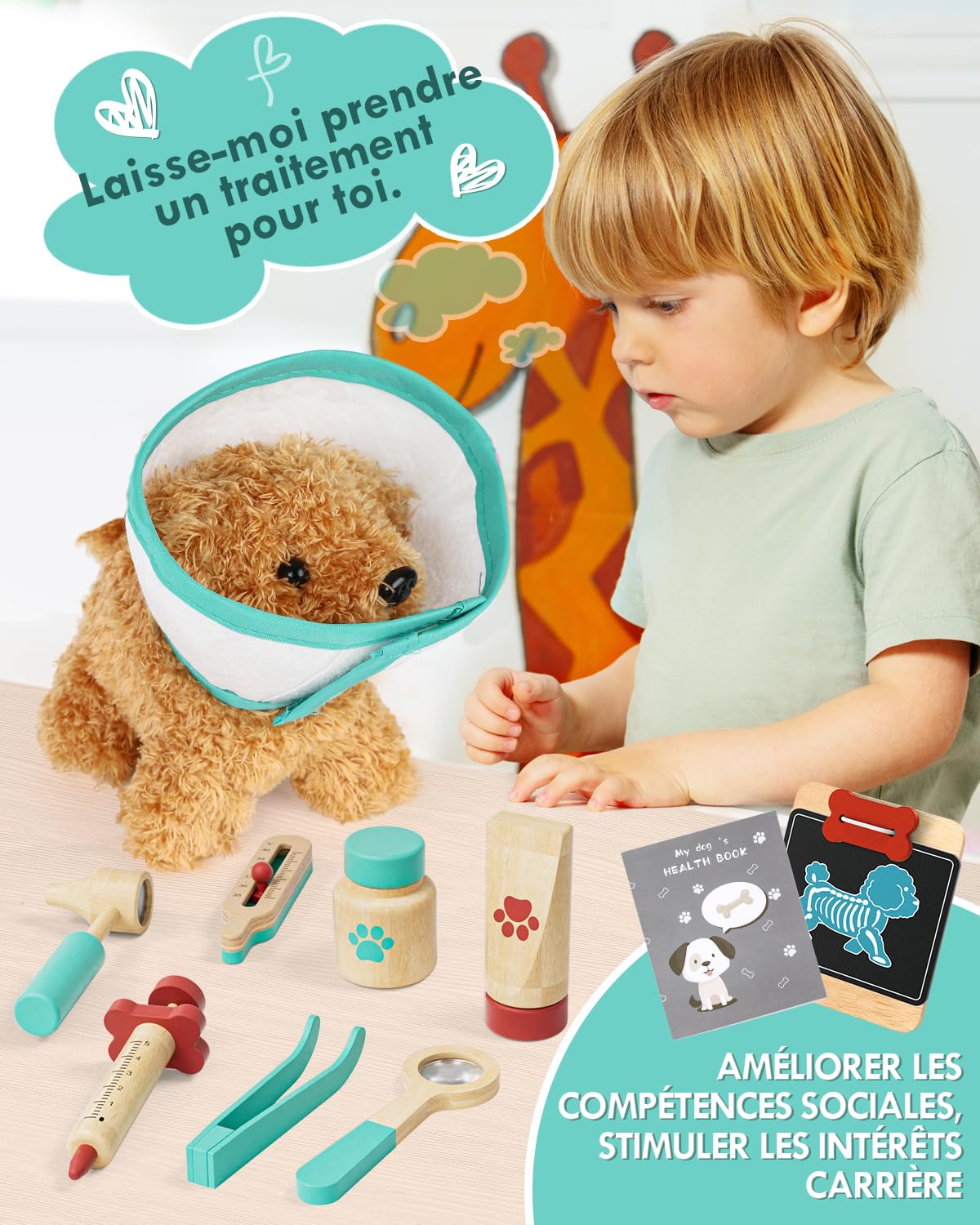 Malette Docteur Enfant, Vétérinaire Enfant en Bois, Malette Docteur avec Chien la Peluche, Jouet Fille 3 Ans(Vert)