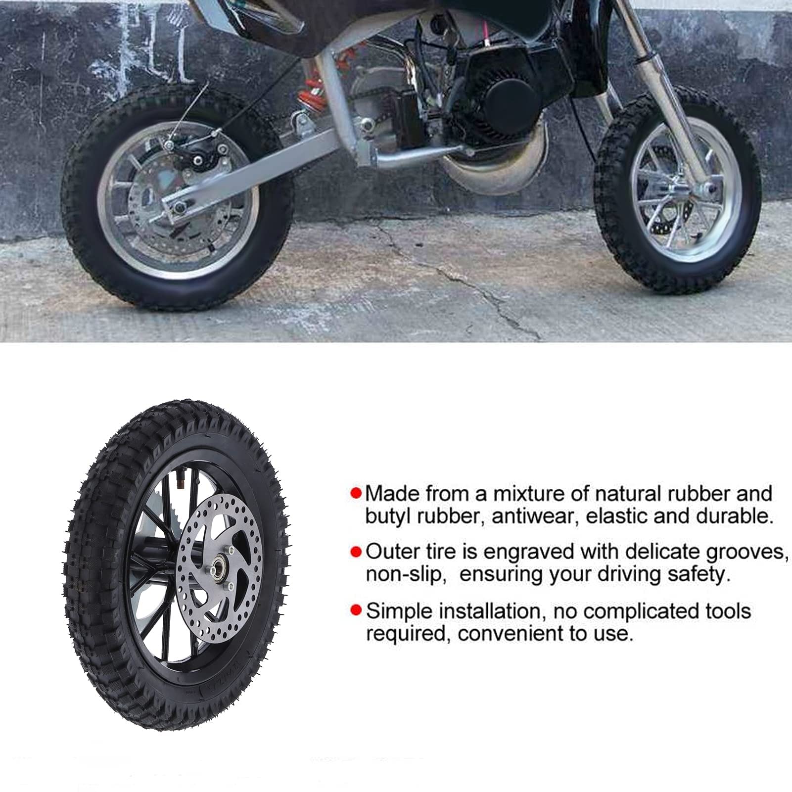 12,5x2,75 po Pneu de Roue Arrière, Antirouille Résistant à Corrosion Jante Métal Antidérapant Pneu Arrière Sans Chambre à Air pour Mini moto Tout TerrainCoolster 49 cc 2 tempsQG-50