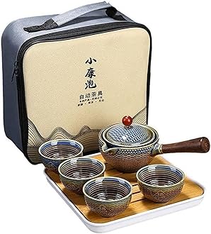 GenericYoungky Porcelain Chinese Ceramic Gongfu Tea Set,Portable Travel Tea Set with 360 Rotation Tea maker and Infuser, All in One Gift Bag for Travel,Home,Gifting,and Office (Purple Stripe)