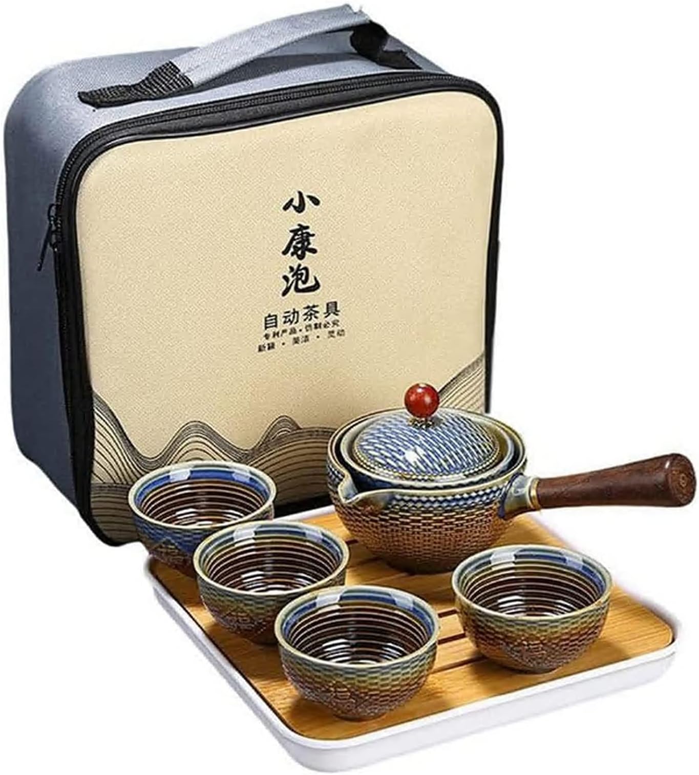 GenericYoungky Porcelain Chinese Ceramic Gongfu Tea Set,Portable Travel Tea Set with 360 Rotation Tea maker and Infuser, All in One Gift Bag for Travel,Home,Gifting,and Office (Purple Stripe)