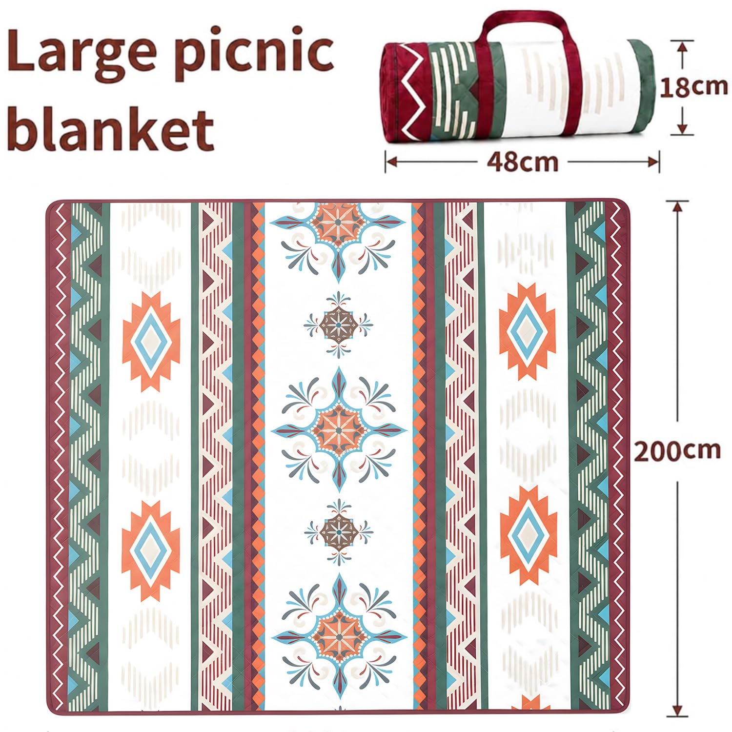 Coperta da picnic impermeabile, 200 x 200 cm, senza sabbia e lavabile, imbottita e portatile, grande per spiaggia, barbecue, escursioni, campeggio, coperta da picnic (Boho)