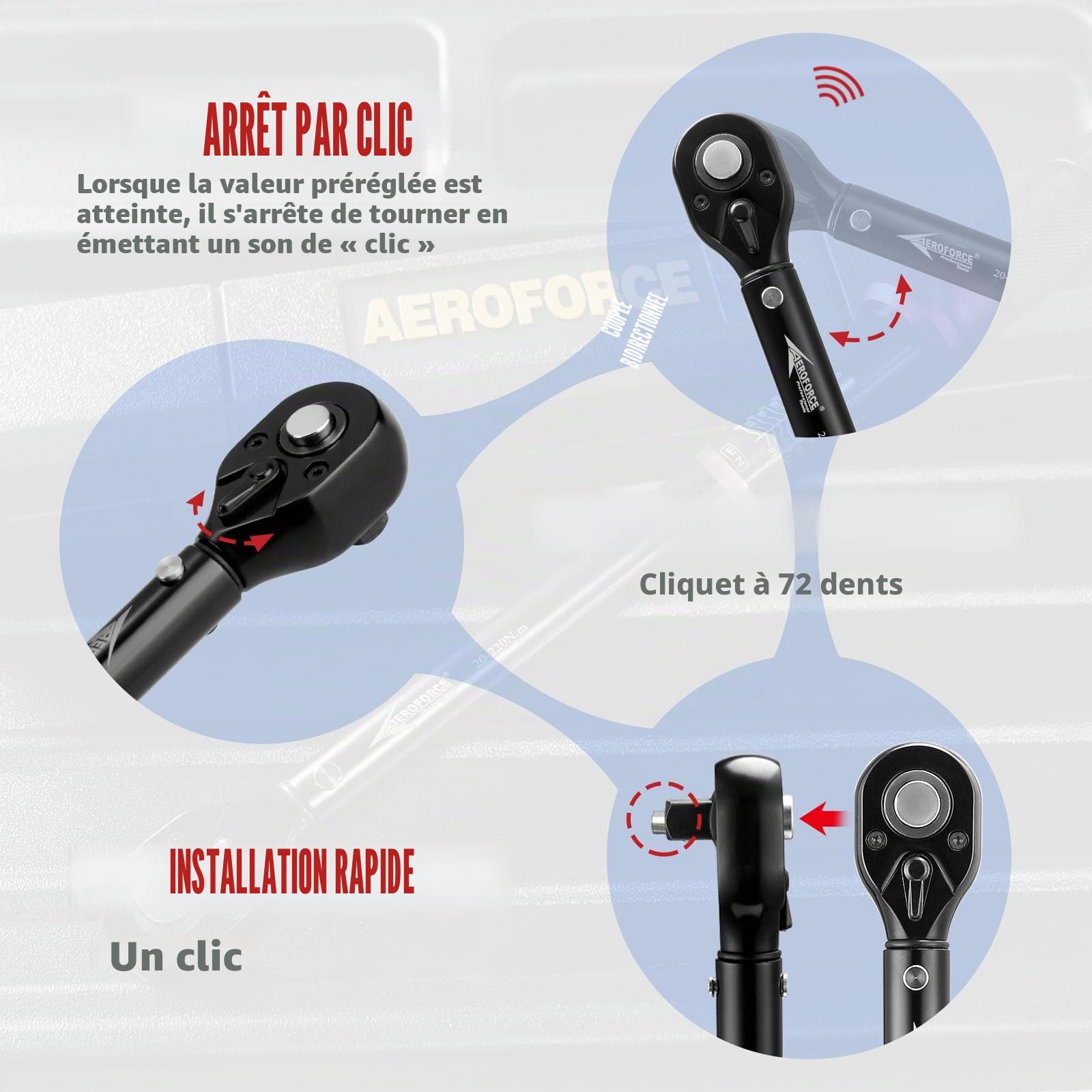 AEROFORCE Clé Dynamométrique 1/4" & 3/8" & 1/2", Clé Dynamométrique 5-25Nm, 10-60Nm, 20-220Nm, Précision ±3% avec 72 Dents Tête à Cliquet Réversible, 3 Pièces Kit D'entretien pour Vélo Moto y Auto