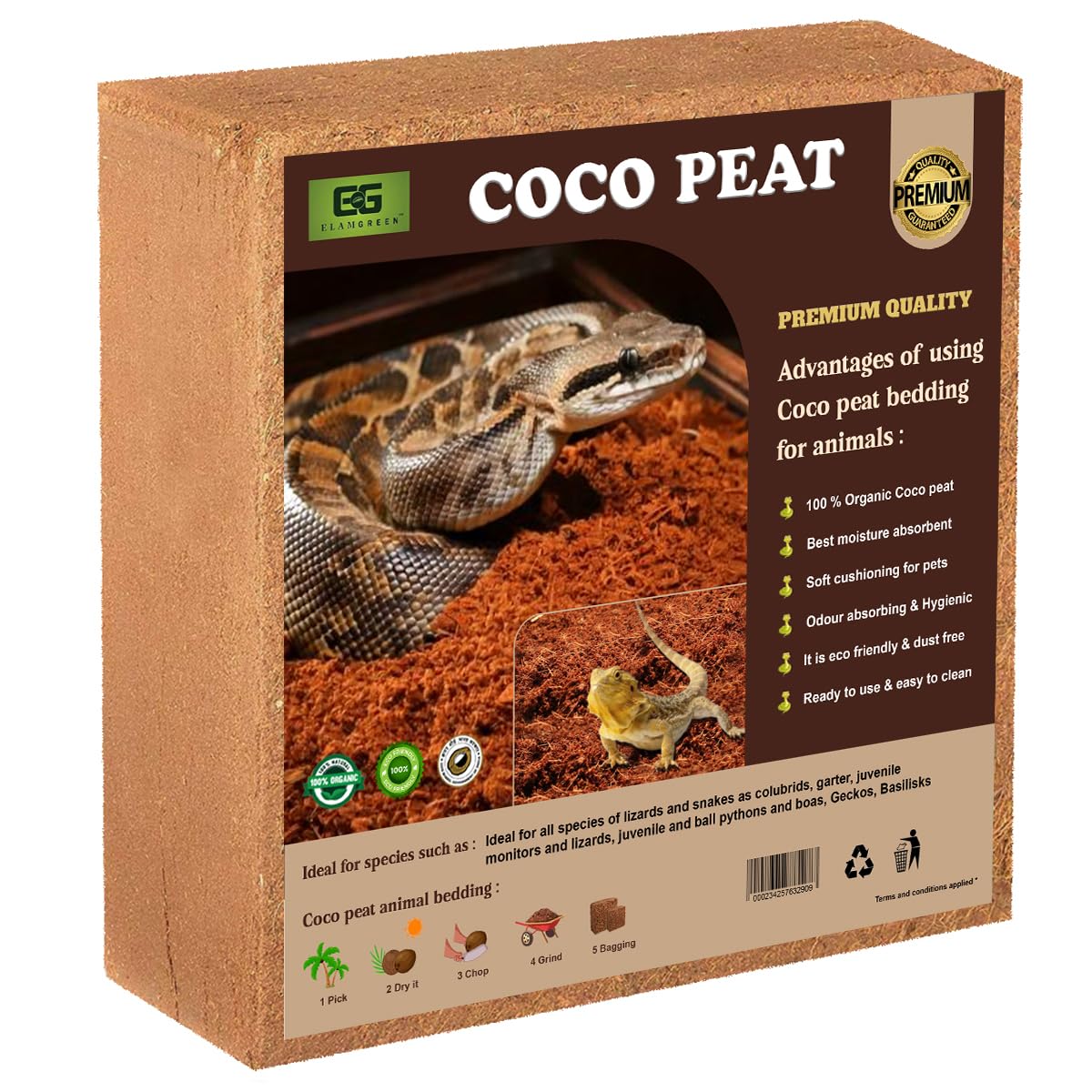 Elamgreen Coco peat Block for Animal Bedding pet Products | Dogs, Cats Reptiles Snakes Chicken Birds (1kg)