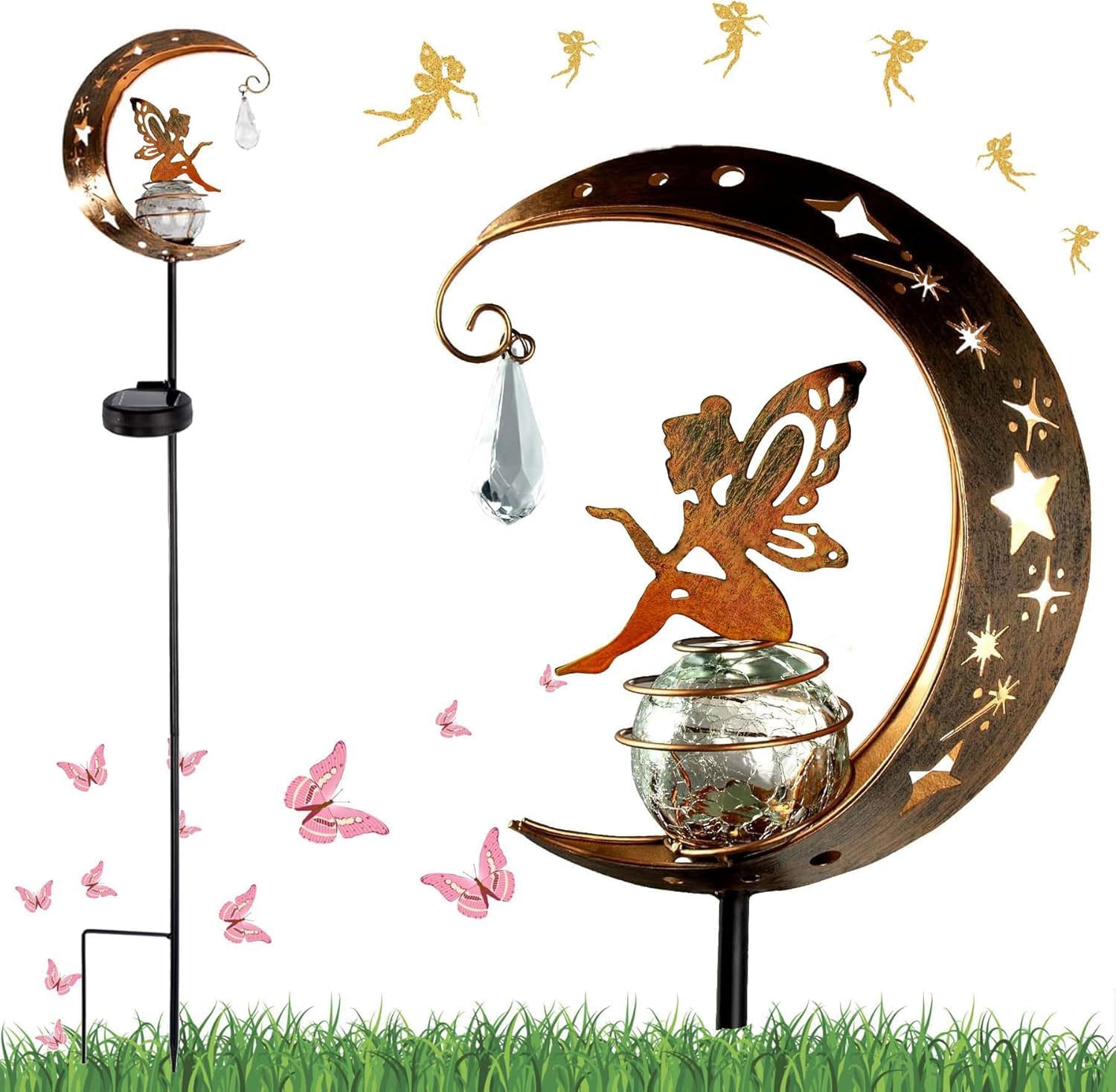 Moon Photo voltaic Lights, Backyard Ornament, Patio Ornament, Out of doors Photo voltaic Lamp for Outside, Photo voltaic Gentle with Floor Spike, Steel Moon Photo voltaic Backyard Gentle, Firefly Photo voltaic Pathway Lights for Paths, Patio,