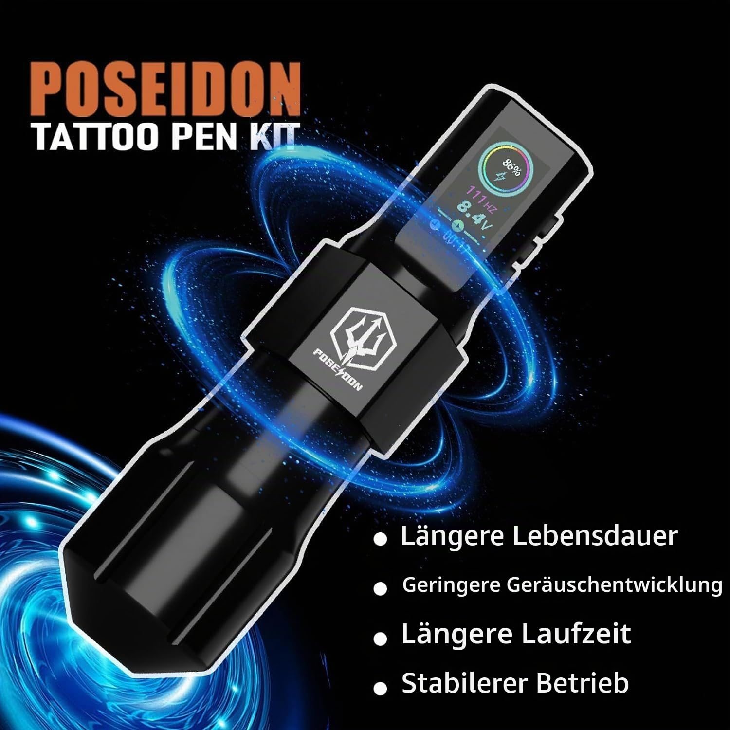 POSEIDON Tattoo-Pistole-Set – Stift mit 20 Nadeln und kabelloser Stromversorgung, Stift-Set mit digitaler LED-Anzeige, Tattoo-Maschine, Tattoo-Zubehör für Künstler