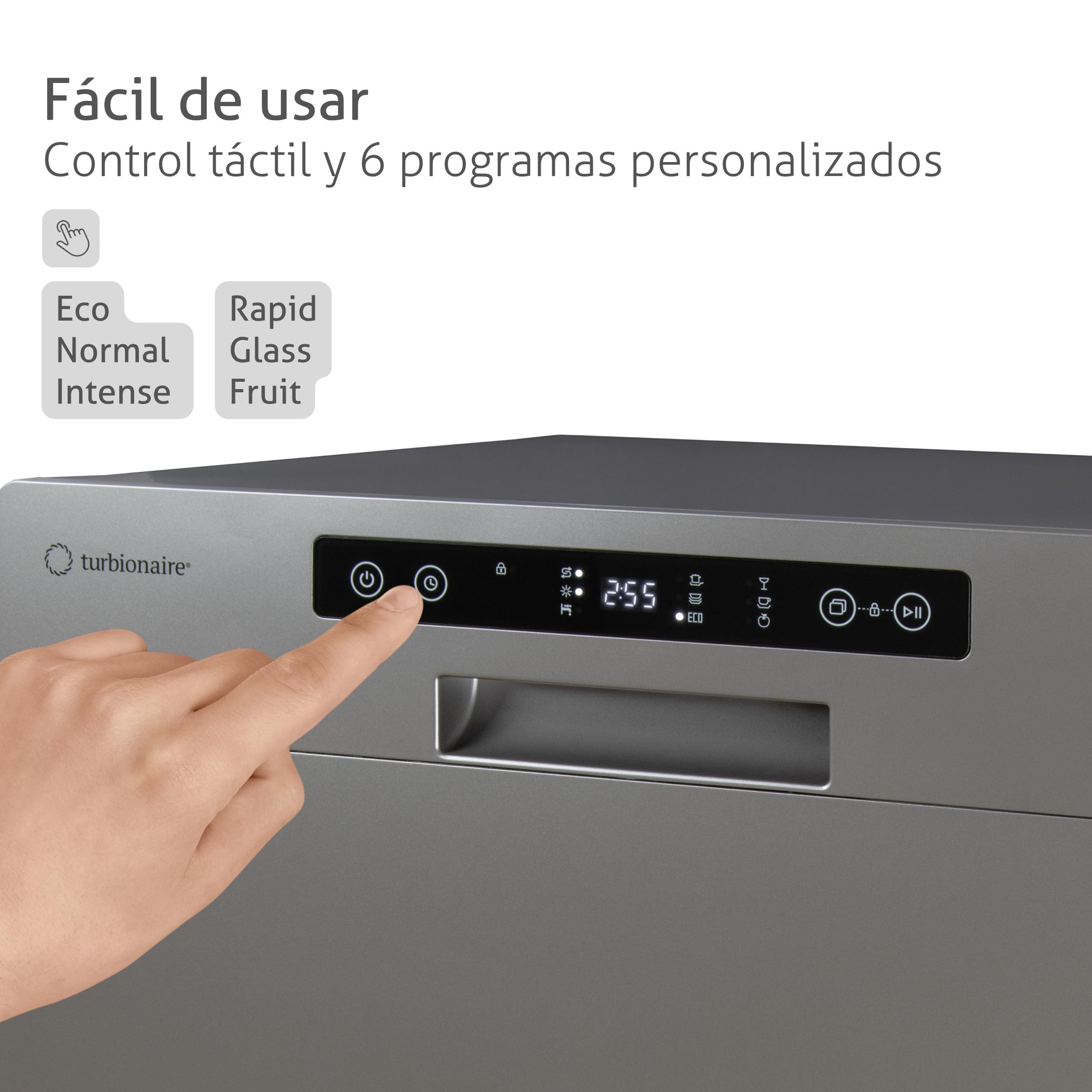 Lavavajillas compacto Turbionaire AVA 6 TPDSAVA6CTG, 6 servicios, 6 programas, modo Eco, descalcificador de agua, lavado 360°, función Restart, 55 cm, Gris
