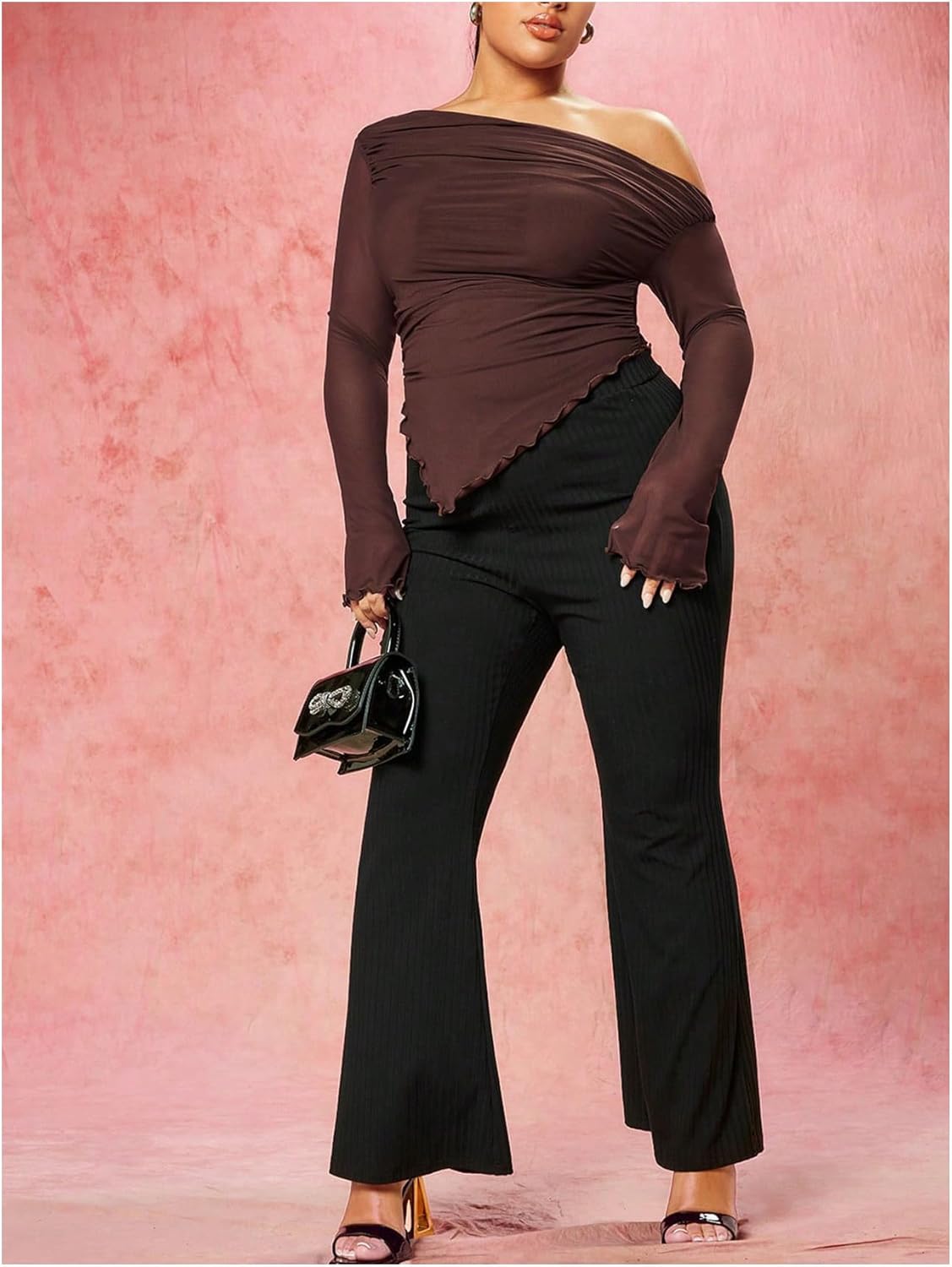 MakeMeChic Women's Plus Size Casual Mesh One Shoulder Lettuce Trim Ruched Asymmetrical Hem Tee Shirt Tops - Image 6