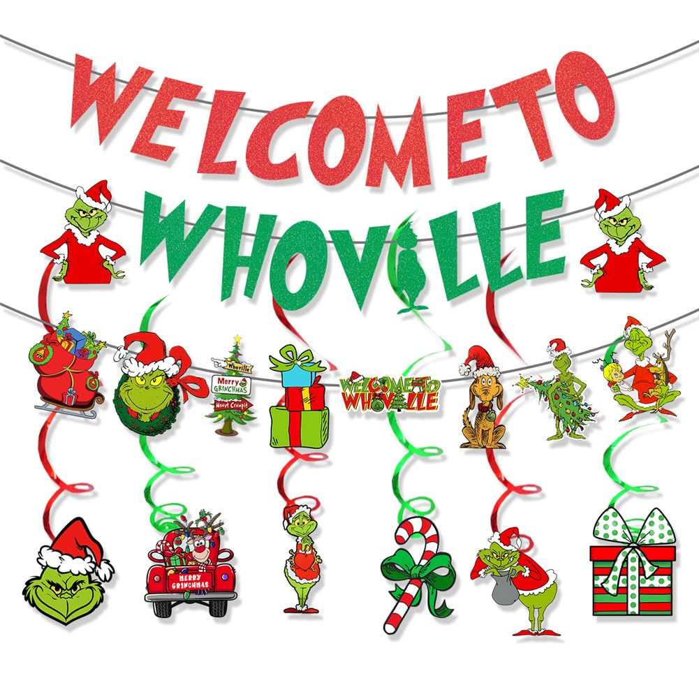 ZKTSRY Grinchs Christmas Decorations Kit, Red Green Grinchs Whoville Christmas Decorations,Hanging Swirls Party Decorations Christmas Vacation Holiday Birthday Party Decorations