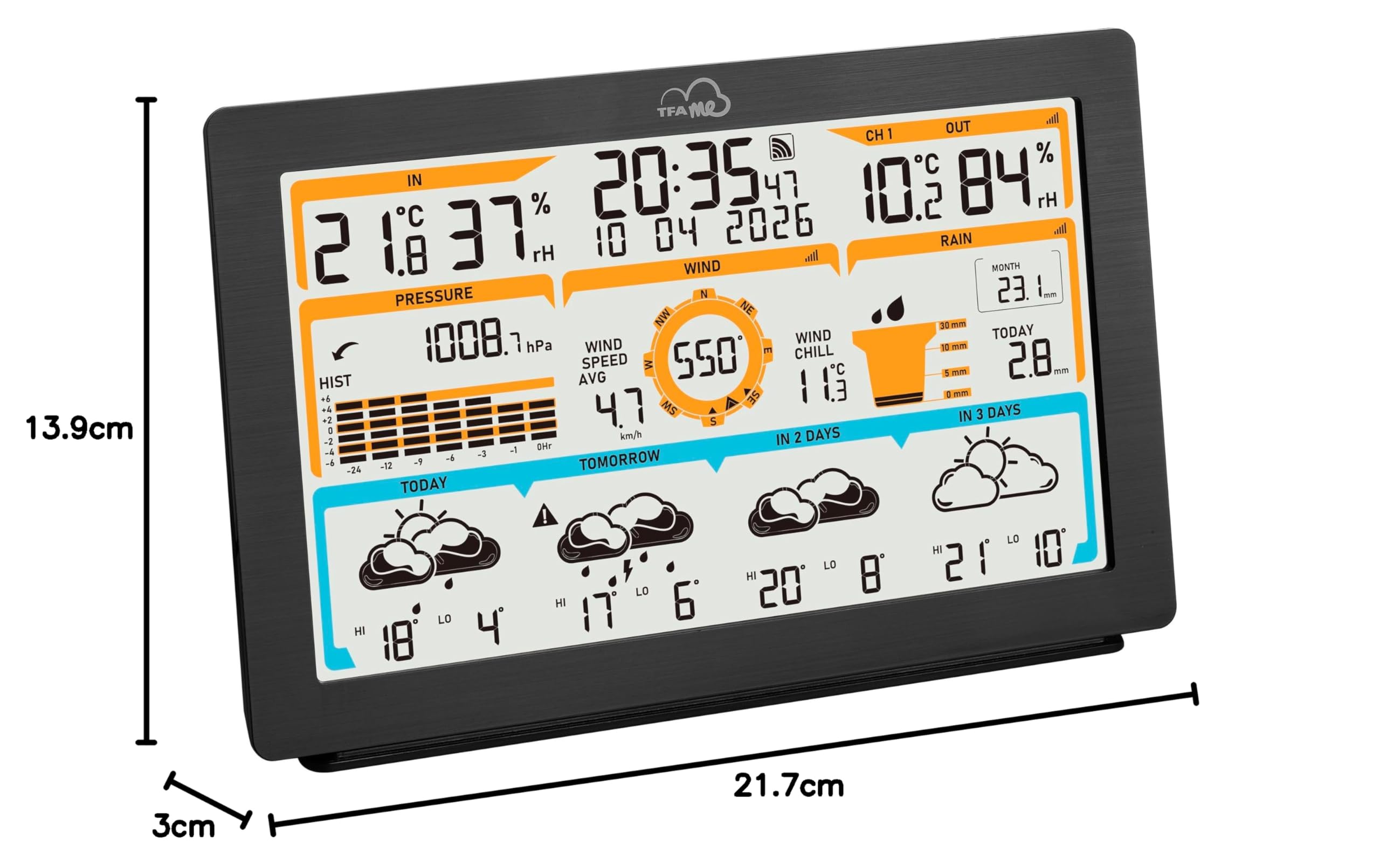 TFA Dostmann Stazione meteo con sensore esterno WLAN TFA.me ID-05 8-in-1, 35.8106, Previsioni meteo prof. wetter.com 4 giorni, portale online, include trasmettitore, vento/pioggia/temperatura/umidità