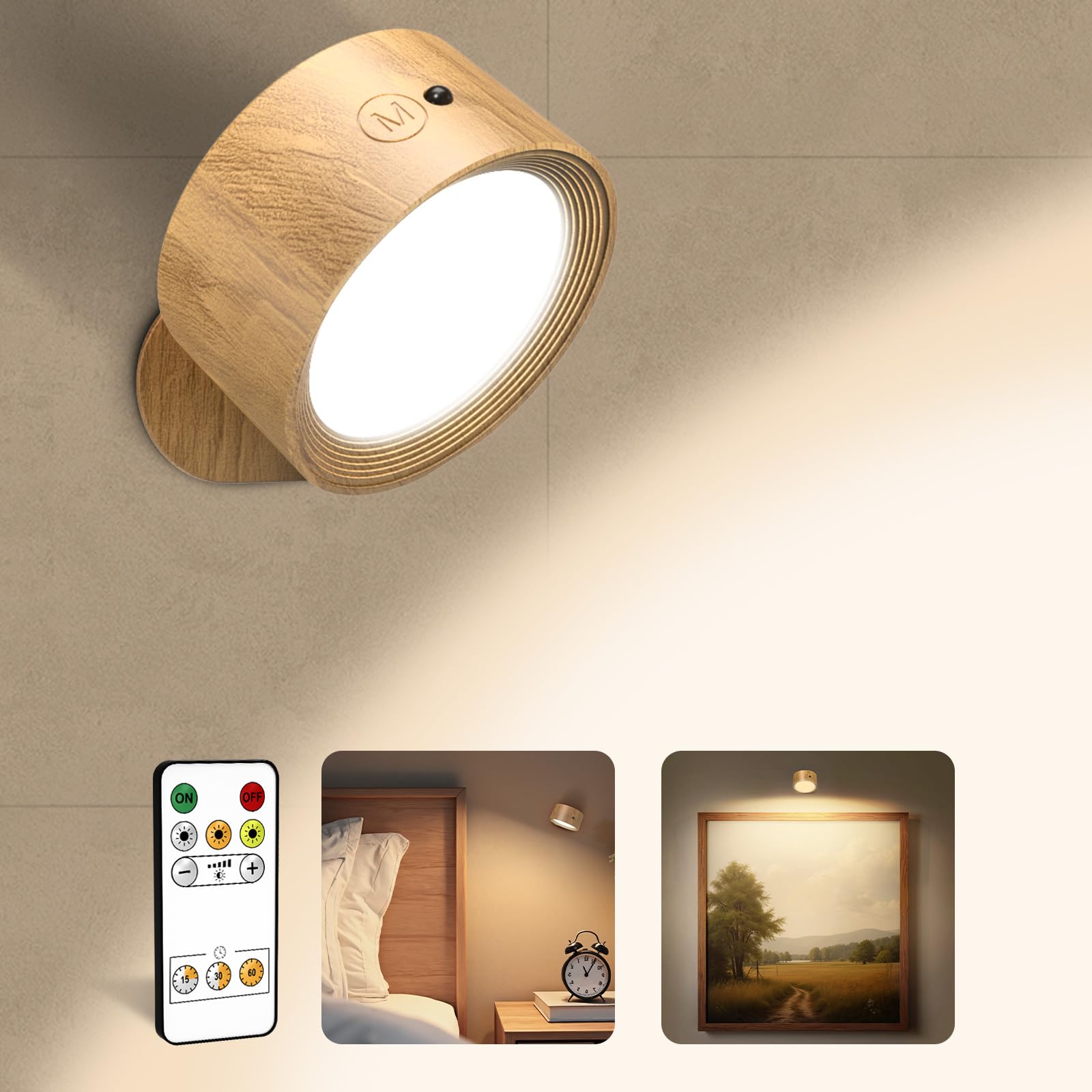 EZVALO LED Wall Lights, 2000mAh Rechargeable Wall Lights Indoor, 3 Color Temps with Remote and Touch Control, 360°Rotation Dimmable Cordless Wall Light for Living Room Bedroom (Woodgrain, 1 Pack)