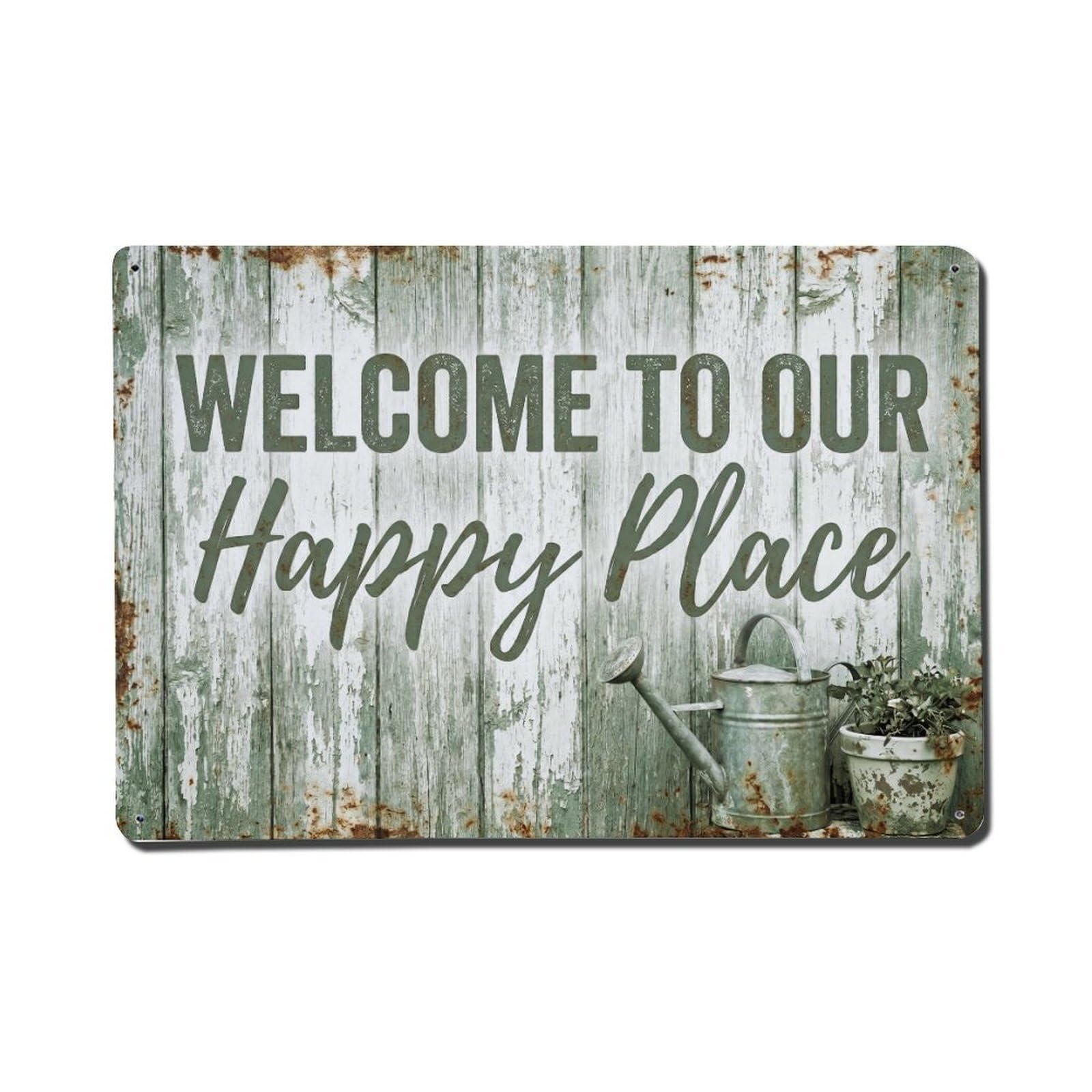 Welcome To Our Happy Place Garden Greenhouse Metal Tin Sign Plaque Wall Decor for Cafe, Club Bar, Office, Home Garden Metal Poster 8x12Inch