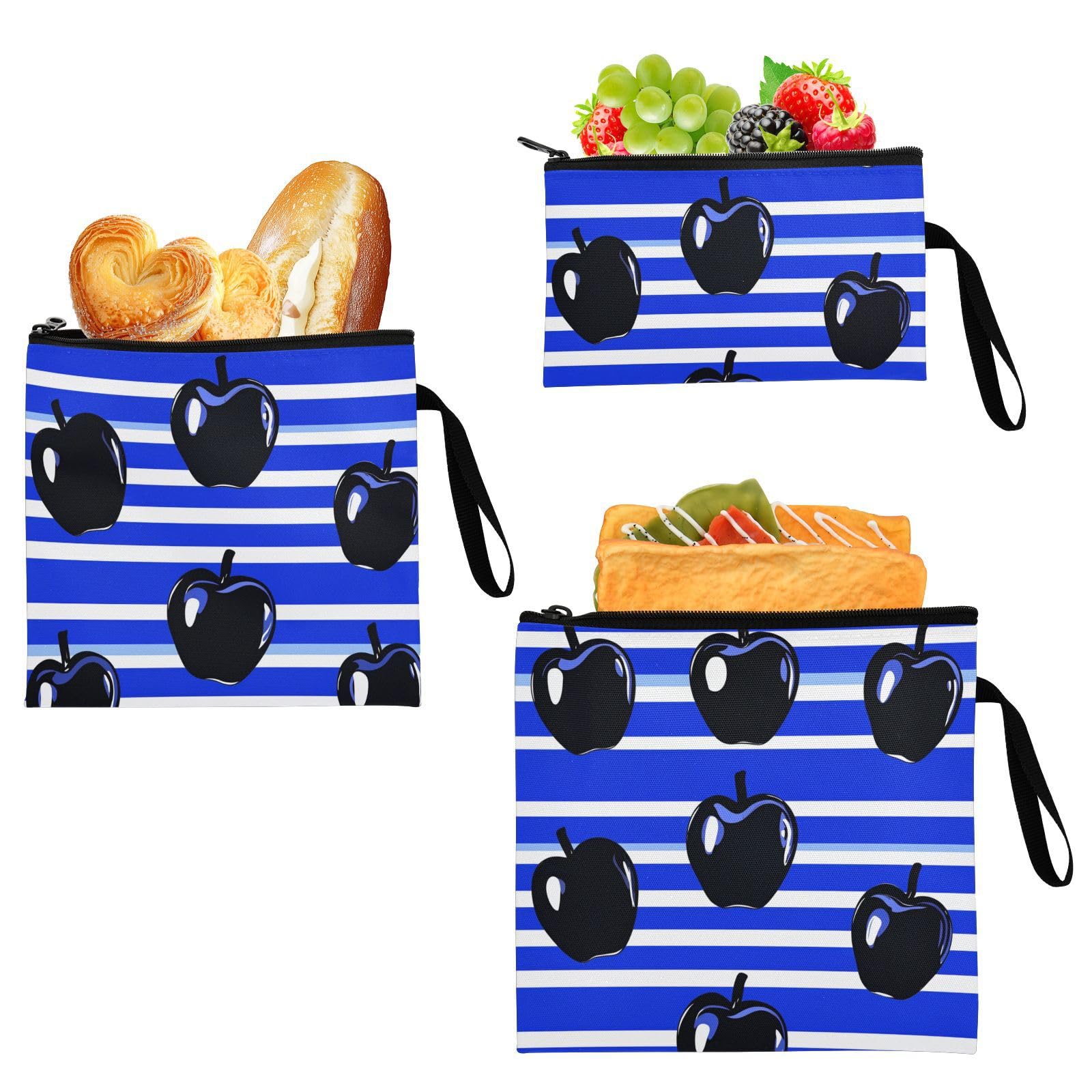 Black Personalized Royal Blue Striped 3 Piecing Reusable Snack Bags and Sandwich Bags Multi-Use Food-Safe Storage Zipper Bag for Picnic Work Travel Office