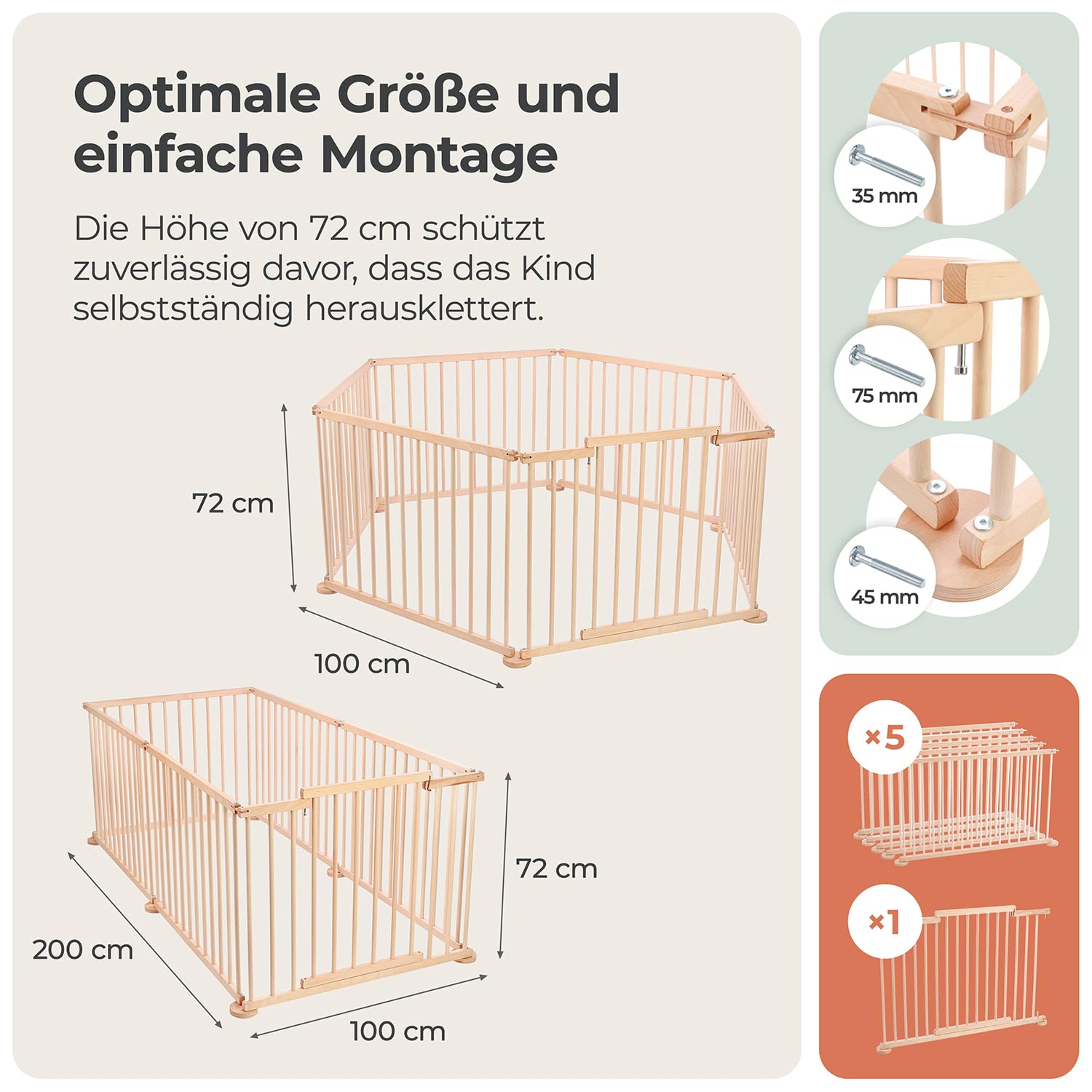 Laufstall Baby XXL Klappbar mit Tür, Laufgitter Baby inkl. 6 Elementen je 100 x 72 cm, Babygitter Holz Faltbar, Kinderlaufstall & Absperrgitter Für Innen- und Außenbereich