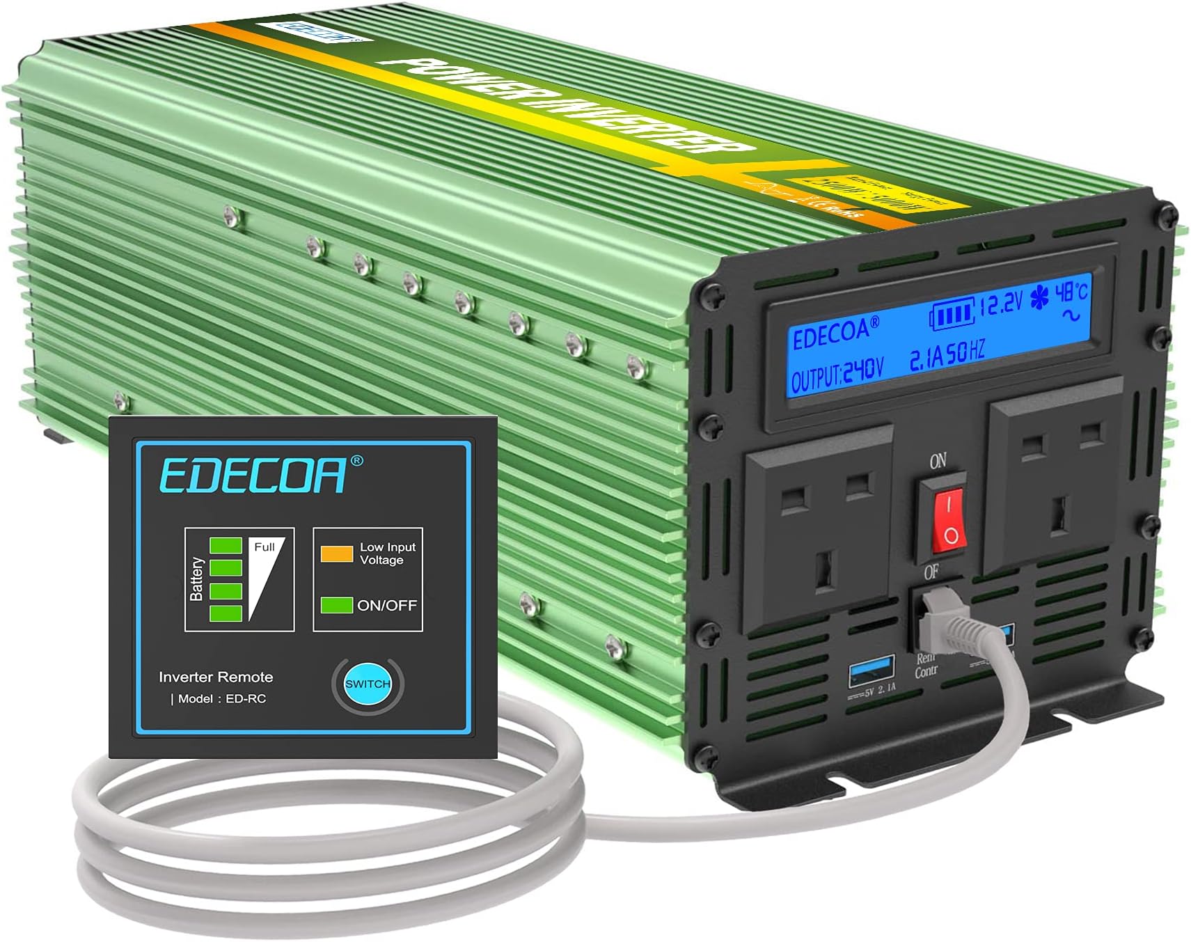 2500W Peak 5000W Power Inverter Pure Sine Wave DC 12V to 240V AC with 4.2A Dual USB Ports - Green