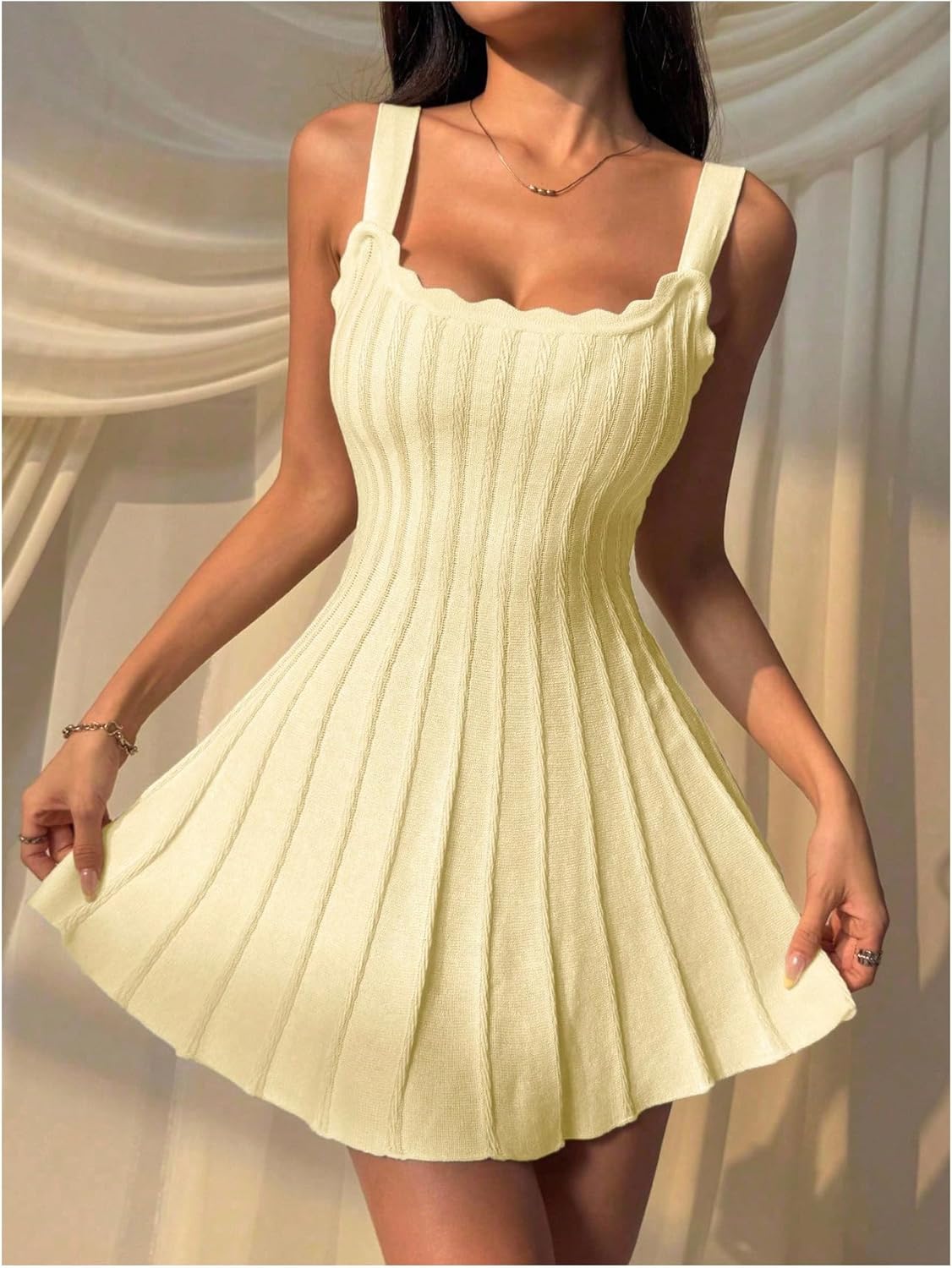 SHENHE Women's Sleeveless Pleated Sweater Dress Fit and Flare Swing Knit Mini Tank Dress - Image 3