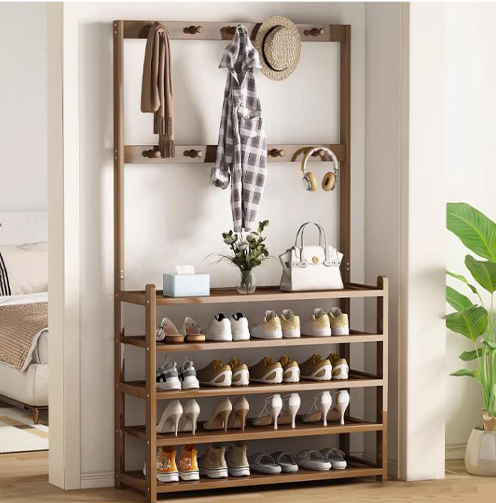 MYUYEE Wood Hallway Coat Rack Stand With Bench - Hall Tree With Hooks, Tier Shoe Storage, Entryway Storage Shelf For Small Apartment Or Rental House(Brown-W90Cm)