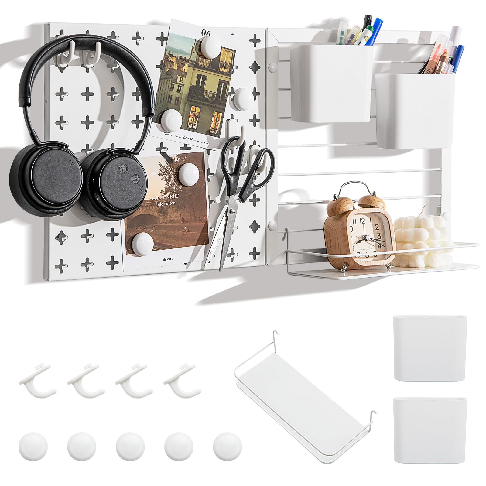 Goplus Peg Board, Metal Pegboard Kit with 2 Pegboard Panels, 12 Accessories, Storage Rack, 2 Storage Containers, Magnets & Hooks, White Pegboard Wall Organizer for Office Kitchen Home