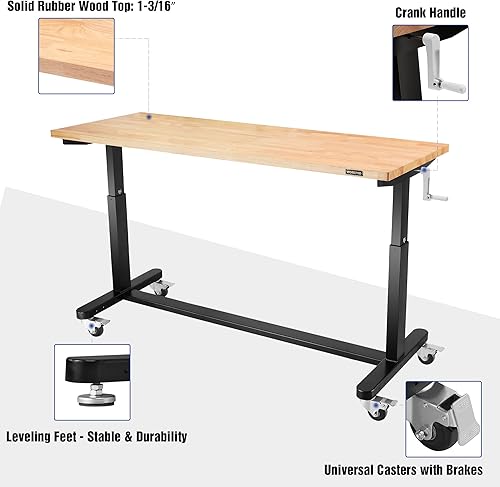 Miniatura 3 de WORKPRO Mesa de trabajo ajustable de 60 pulgadas de altura con manivela y ruedas, banco de trabajo de escritorio de madera de 60 x 24 pulgadas,