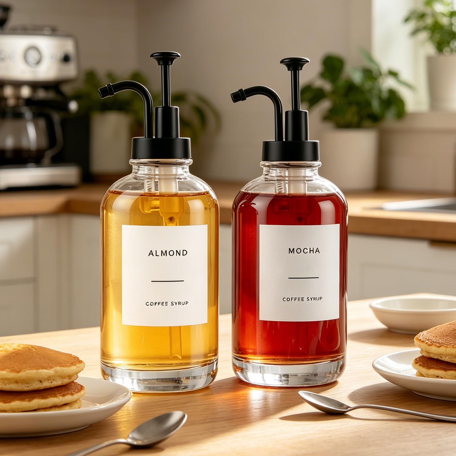 Zestaw 4 dozowników do syropu kawowego ze szkła, dozownik do syropu kawowego 500 ml z czarną pompką, 4 butelki, lejek i etykiety, butelka z pompką 500 ml do baru kawowego i kuchni