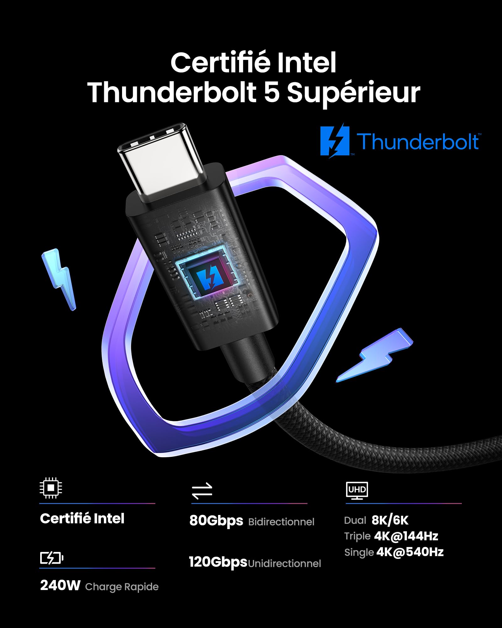 Silkland Certifié Intel 80Gbps Câble Thunderbolt 5 1M Prime Tressé, jusqu'à 120Gbps avec Bandwidth Boost, Dual 8K/6K, Charge Rapide 240W, Compatible avec Thunderbolt 4/3, USB4, MacBook M4 Pro, SSD