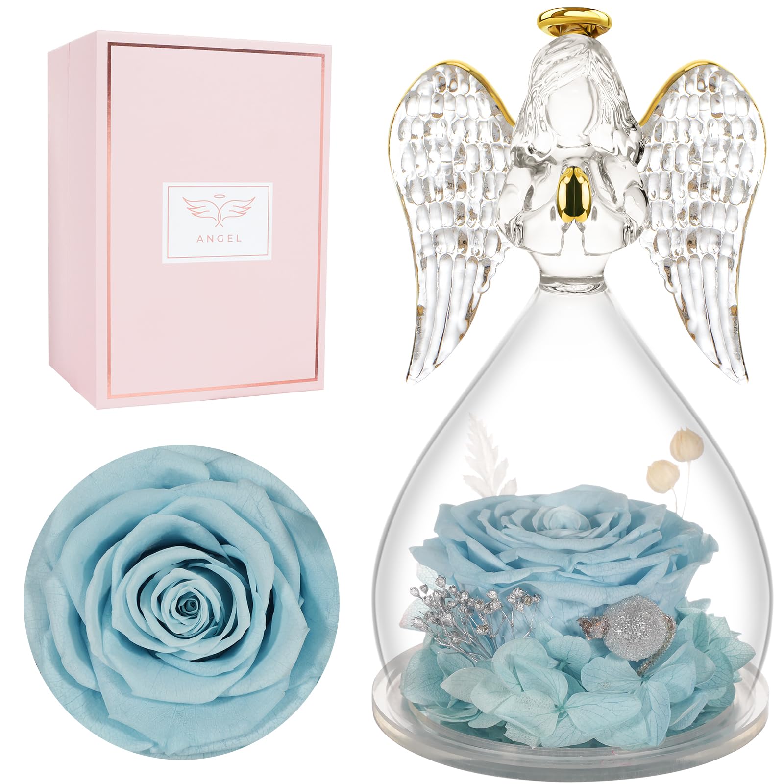 Miofula Gifts for Mom Birthday Gifts for Women, Preserved Flowers Rose in Glass Angel Figurines, Fresh Flowers for Delivery Anniversary Forever Real Roses Gifts for Mothers Grandma Her Wife Girlfriend
