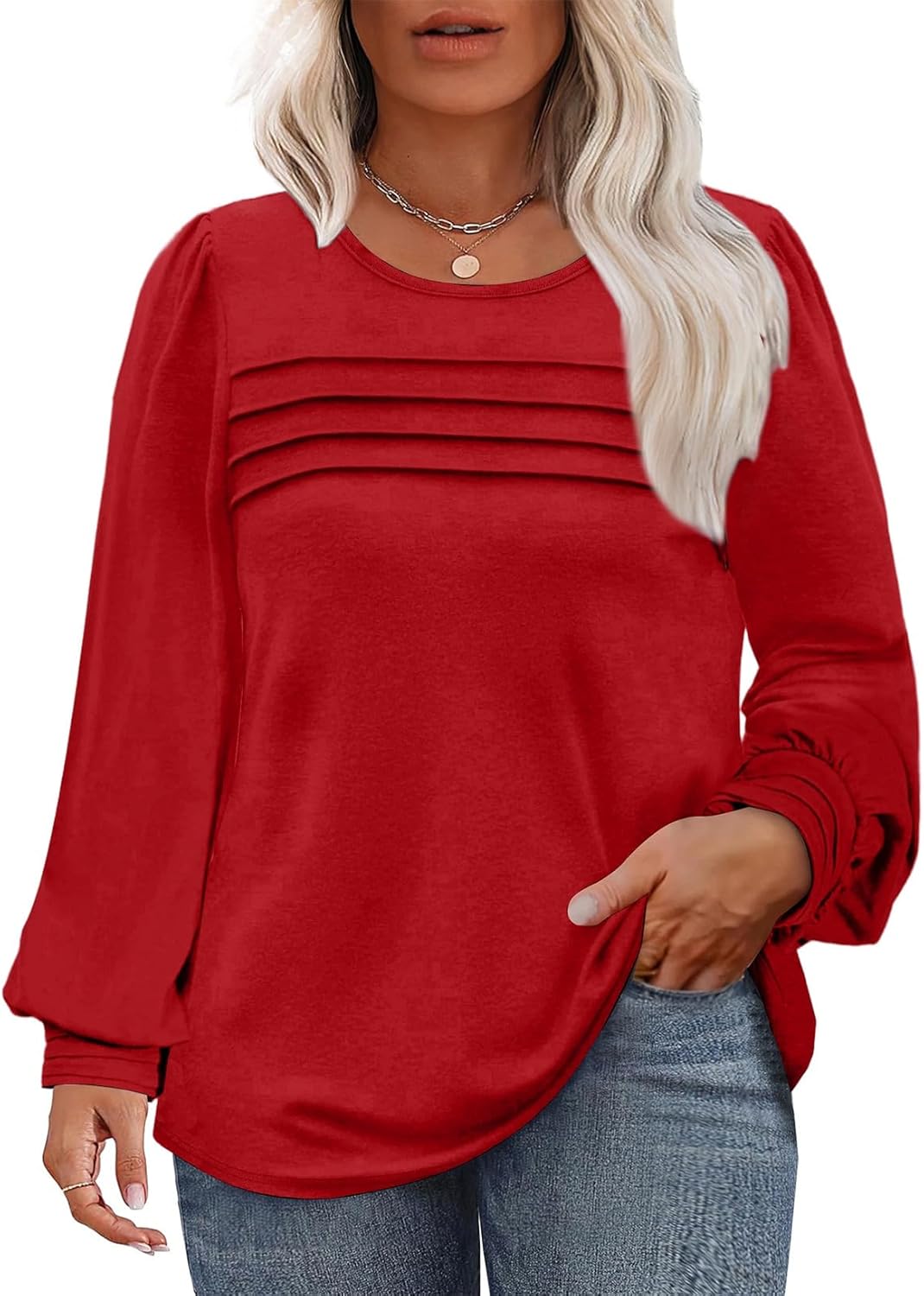 Eytino Womens Plus Size Tops Long Sleeve Blouse Crewneck Pleated Knit Casual Loose Fit Shirts(1X-5X)