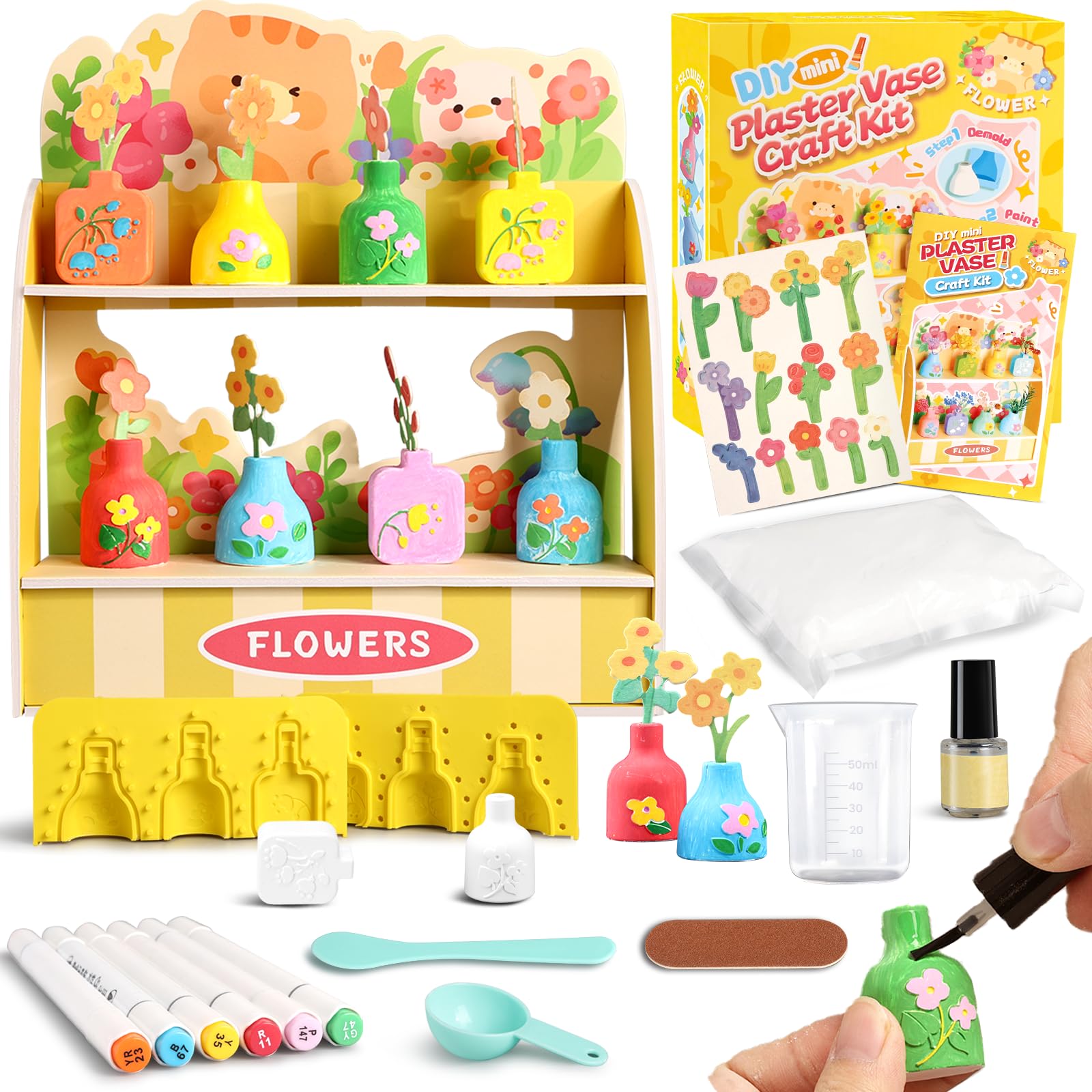Crelloci Mess-Free Mini Plaster Vase Painting Craft Kit for Kids, DIY Arts & Crafts Set including Vase Moulds, Paints