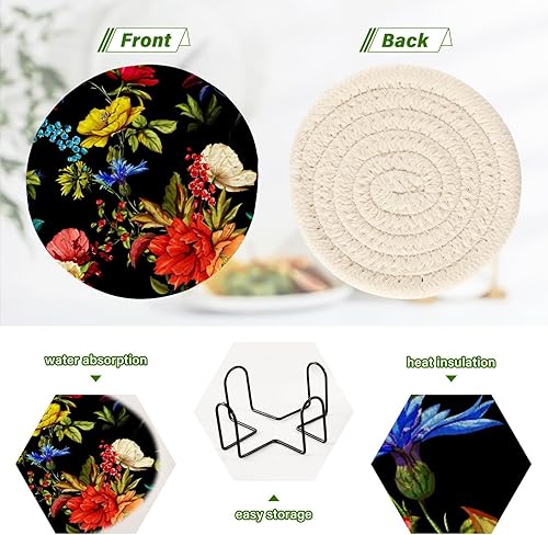 Miniatura 4 de Casters Set with Holder 6 Pack Coasters for Drinks Aesthetic Coasters for Desk Porta Vasos para Mesas Flowers Roses Cornflower