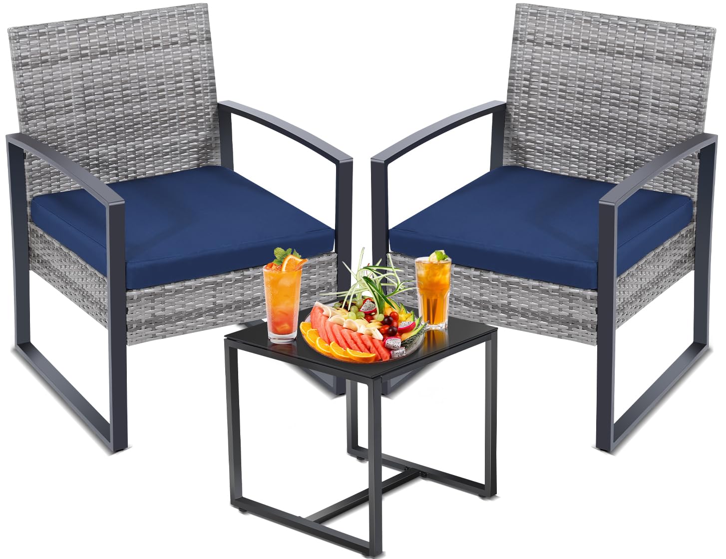 Murago KROFEM 3 Pieces Patio Outdoor Wicker Bistro Furniture Set, Conversation Set, 2 Chairs Plus Table, for Porch, Balcony, Patio, Grey Frame with Blue Cushion