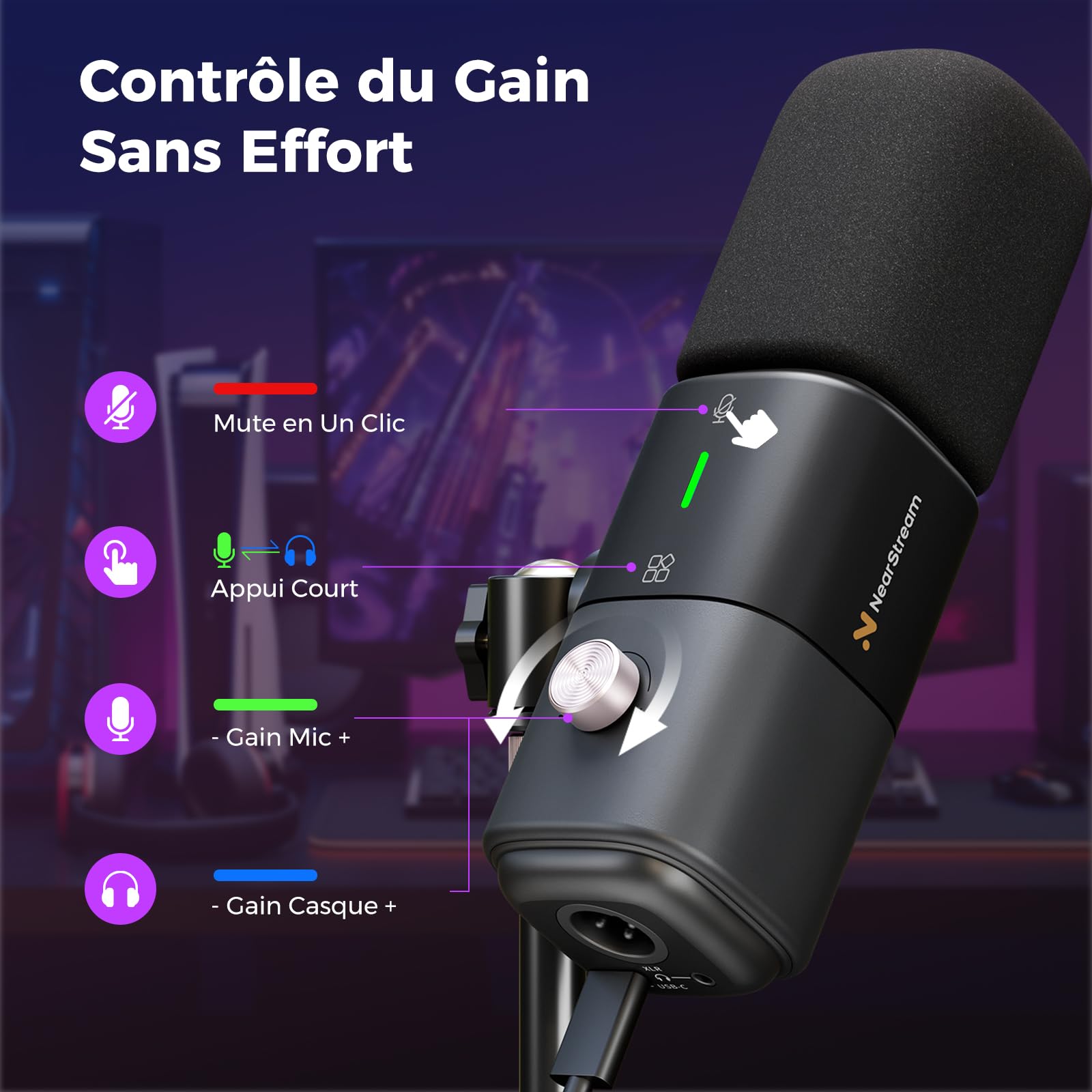 NearStream AM25X Microphone Podcast USB/XLR pour PC/Table de mixage Audio | Microphone à condensateur avec support de bureau,réduction de bruit USB-C, réglage du volume, XLR pour tables de mixage audio