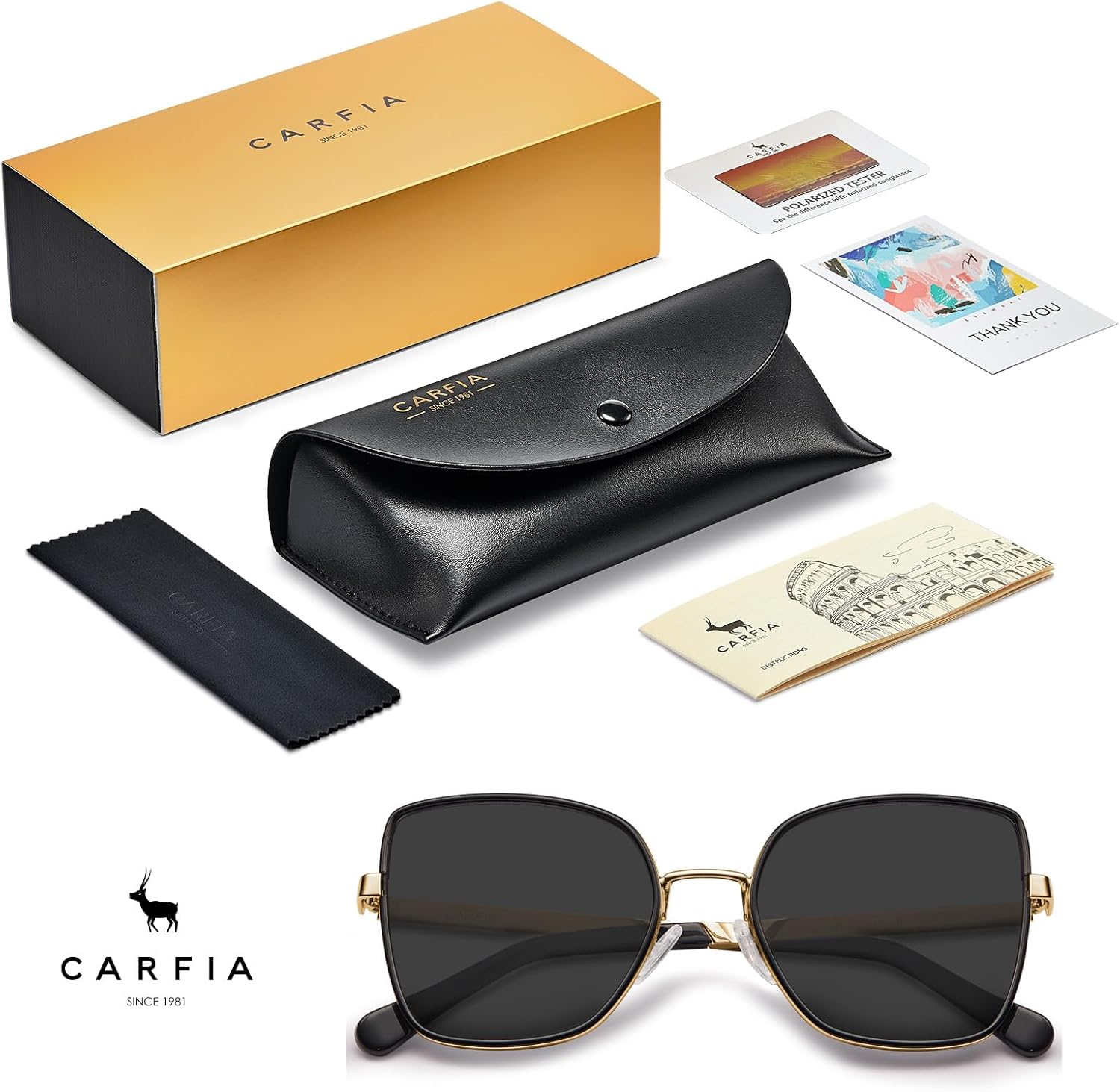 CARFIA Trendy Square Metal Sunglasses for Women Polarized UV Sun Protection Nickel-free Plating Frame CA5385