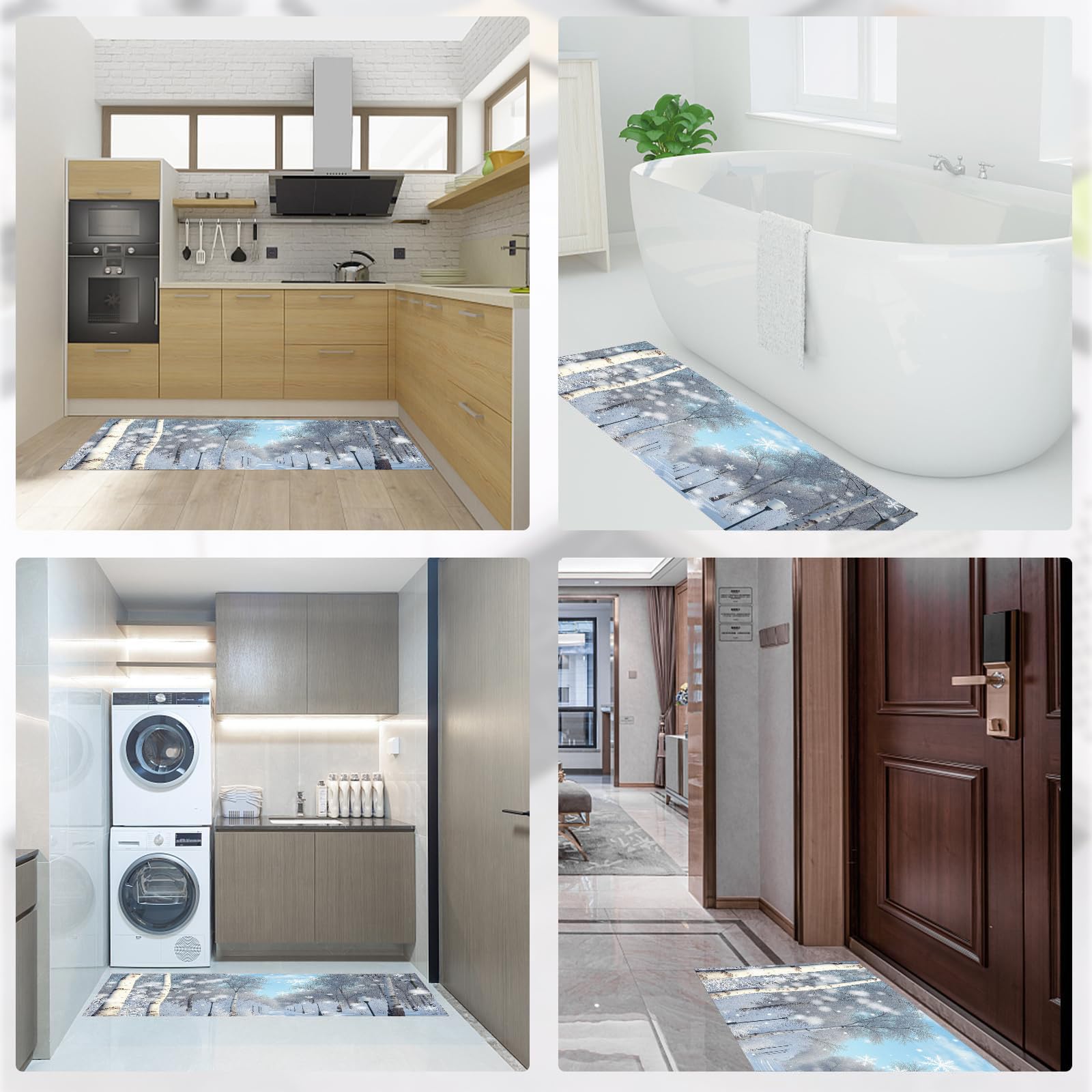 Tappetini da cucina 2 pezzi, Tappeto Cucina Antiscivolo, Realismo invernale Foresta di betulle innevata Tappeti da Cucina, lavabile, Adatto per corridoi, cucine, bagni, 50x80+50x150cm, Bianco
