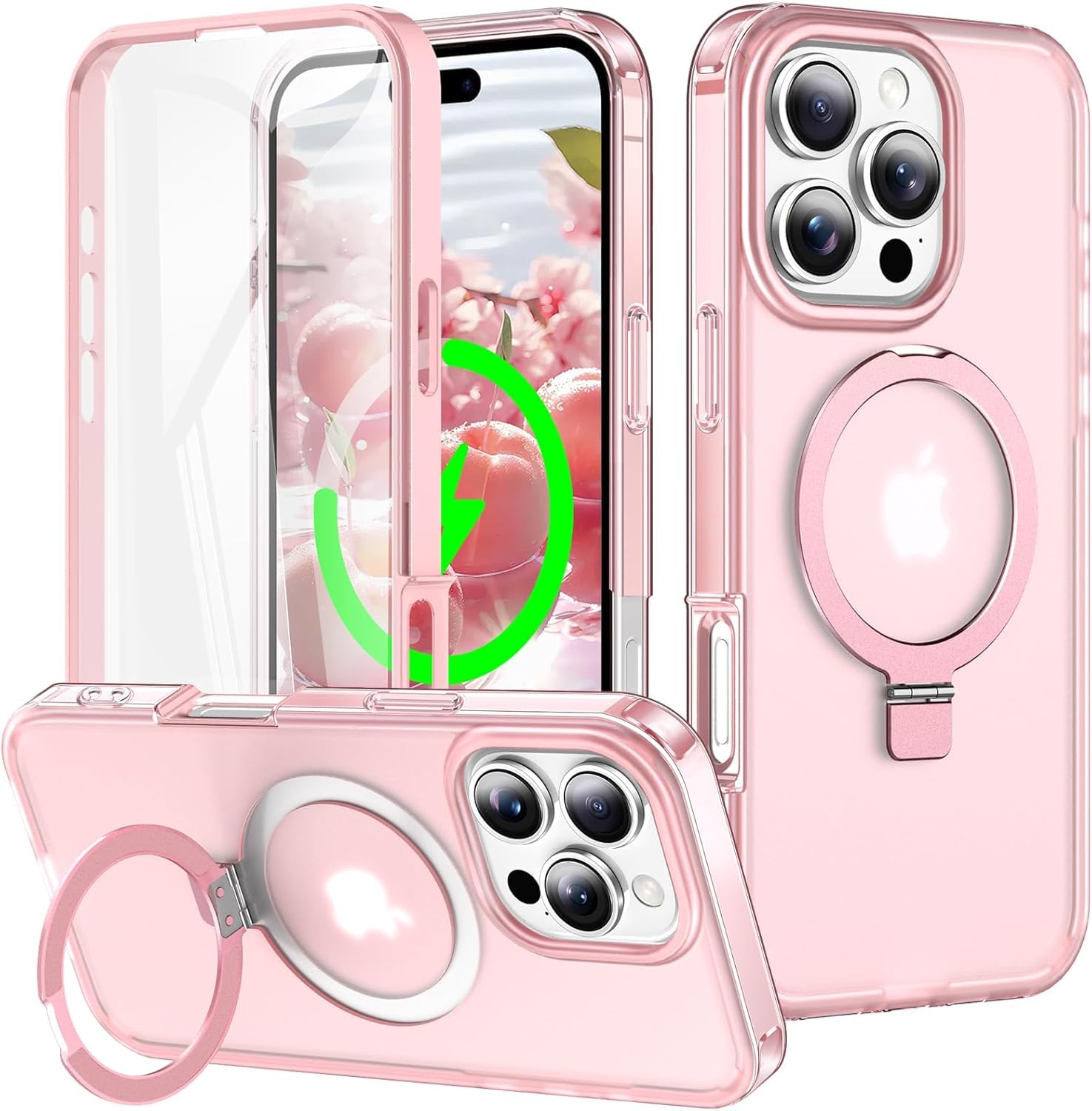 Turquiase for iPhone 16 Pro Max Full Body Shockproof Case with Magnetic Invisible Stand [Compatible with MagSafe] Built-in Screen Protector Military Drop ProtectionTranslucent Phone Cover -Pink