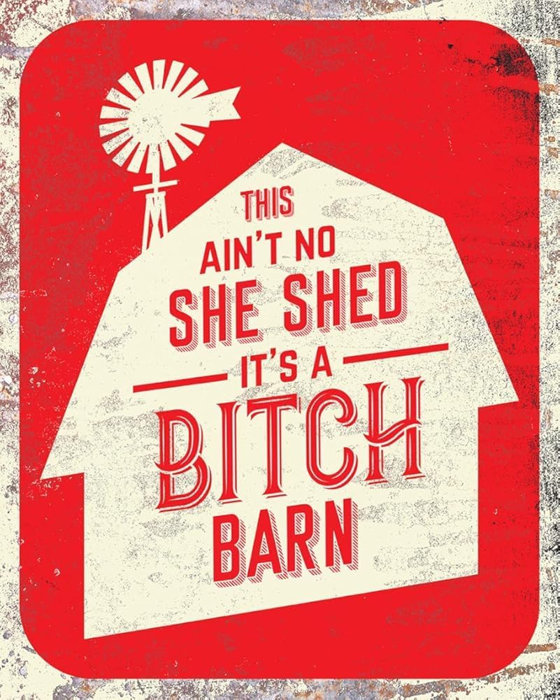 This Ain't No She Shed It's a Bitch Barn Wall Decor Art Print with a Red Background Artwork Tin Sign 12x8 Inch