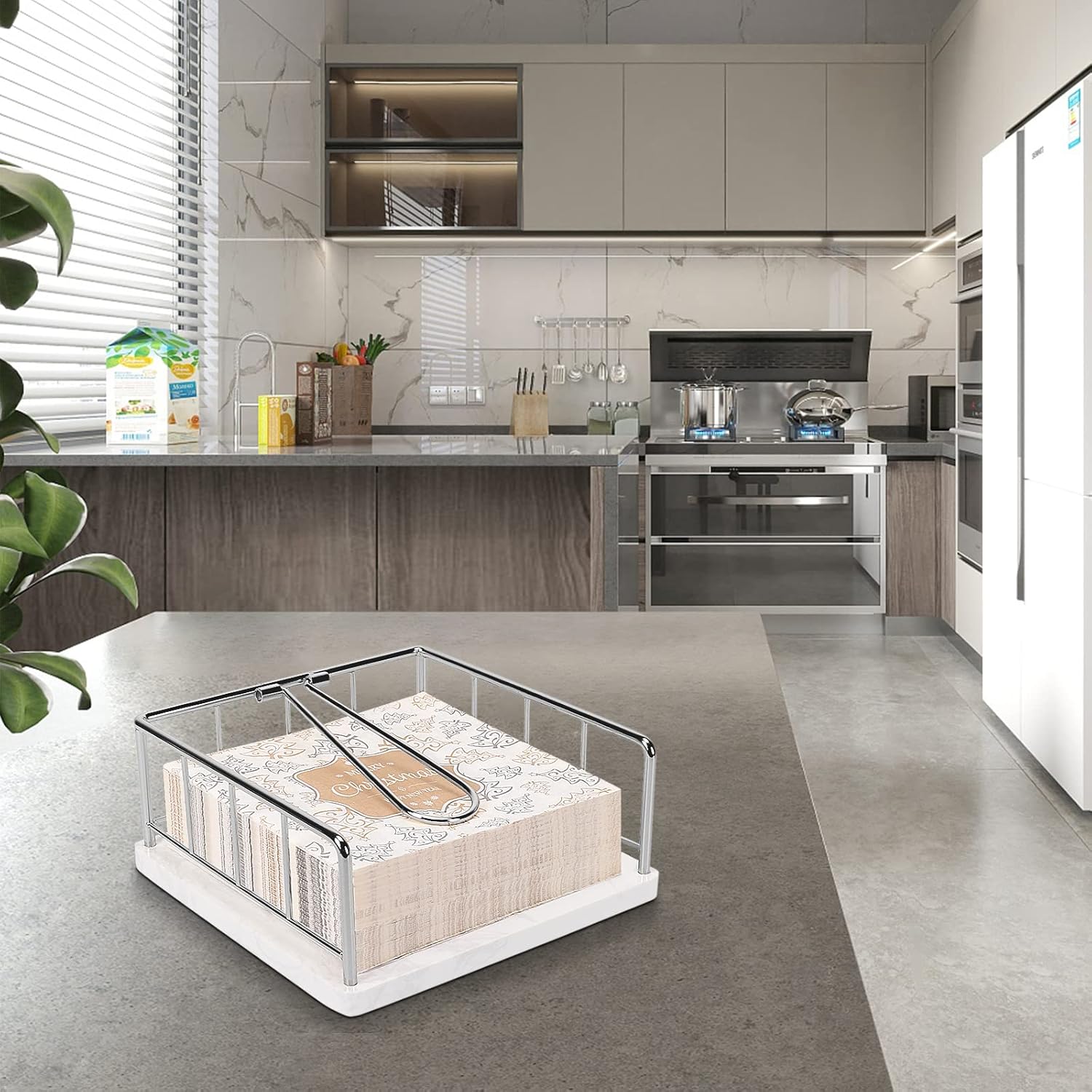 Livabber Flat Napkin Holder, Metal Kitchen Napkin Storage with Weighted Tension Arm Rustic Tissue Paper Dispenser for Countertop, Table Kitchen, Dining Room (With Marble Base, Chrome)