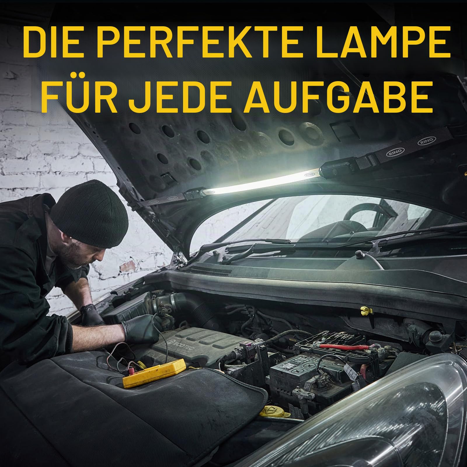 Ring Automotive RUBL1500 Wiederaufladbare 1000 Lumen Flexible Arbeitsleuchte unter der Motorhaube mit magnetischer Halterung, USB-C Laden, 3 Lichtmodi, Notfall-Blitzmodus, Schwarz