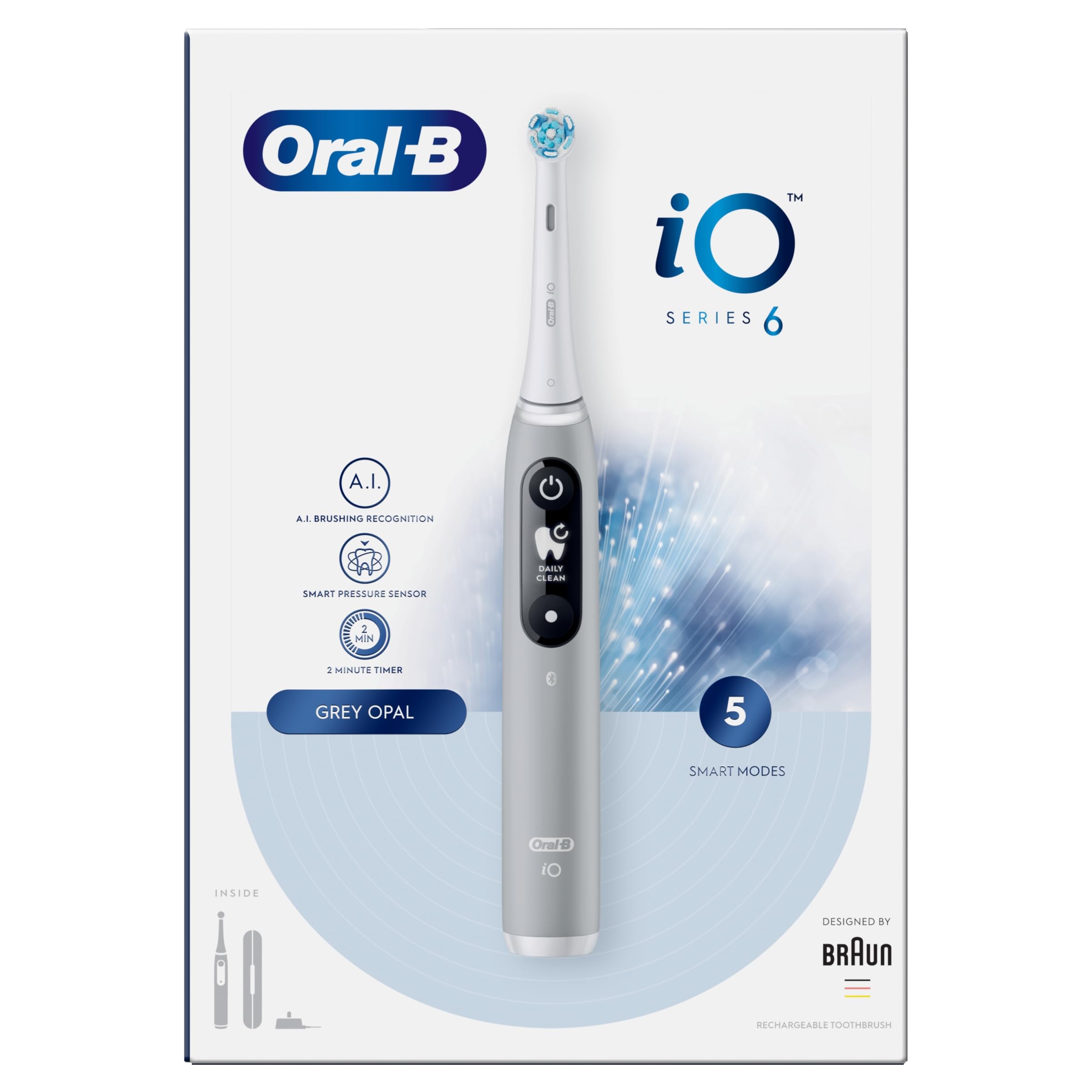 Oral-B iO6 Electric Toothbrush with Revolutionary iO Technology, 1 Toothbrush Head & Travel Case, 5 Modes with Teeth Whitening, UK 2 Pin Plug, Grey Opal