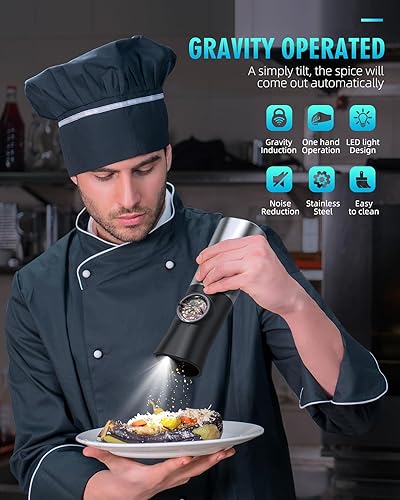 Miniatura 3 de Gravity - Juego de molinillo eléctrico de sal y pimienta, amoladora automática recargable por USB, gran capacidad, finura ajustable, operación con
