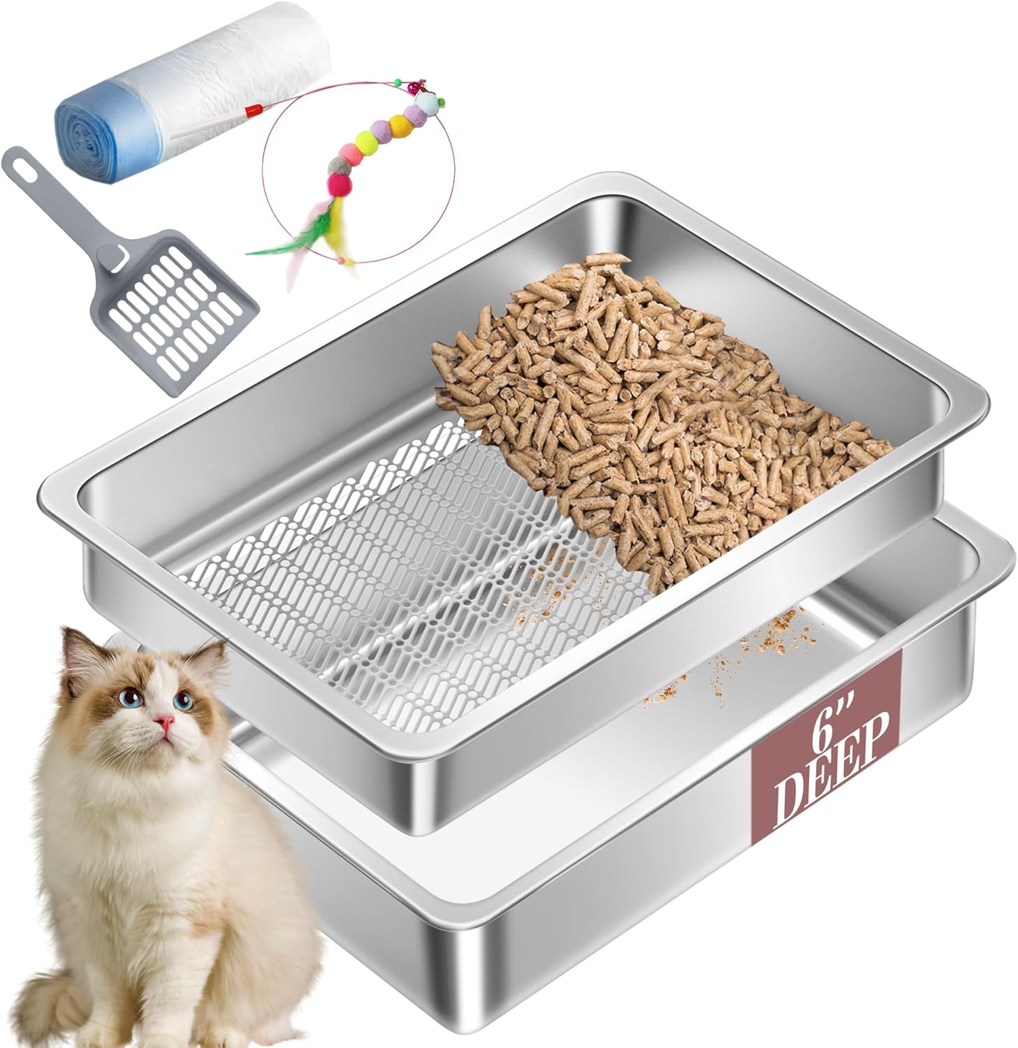 Stainless Steel Sifting Cat Litter Box for Pine Pellets, XL Extra Large Metal Cat Litter Box Sifter Pan with Litter Scoop, Low Dust, Odor Control, Easy Cleaning 1 Pack 23.6L*15.7W*6H