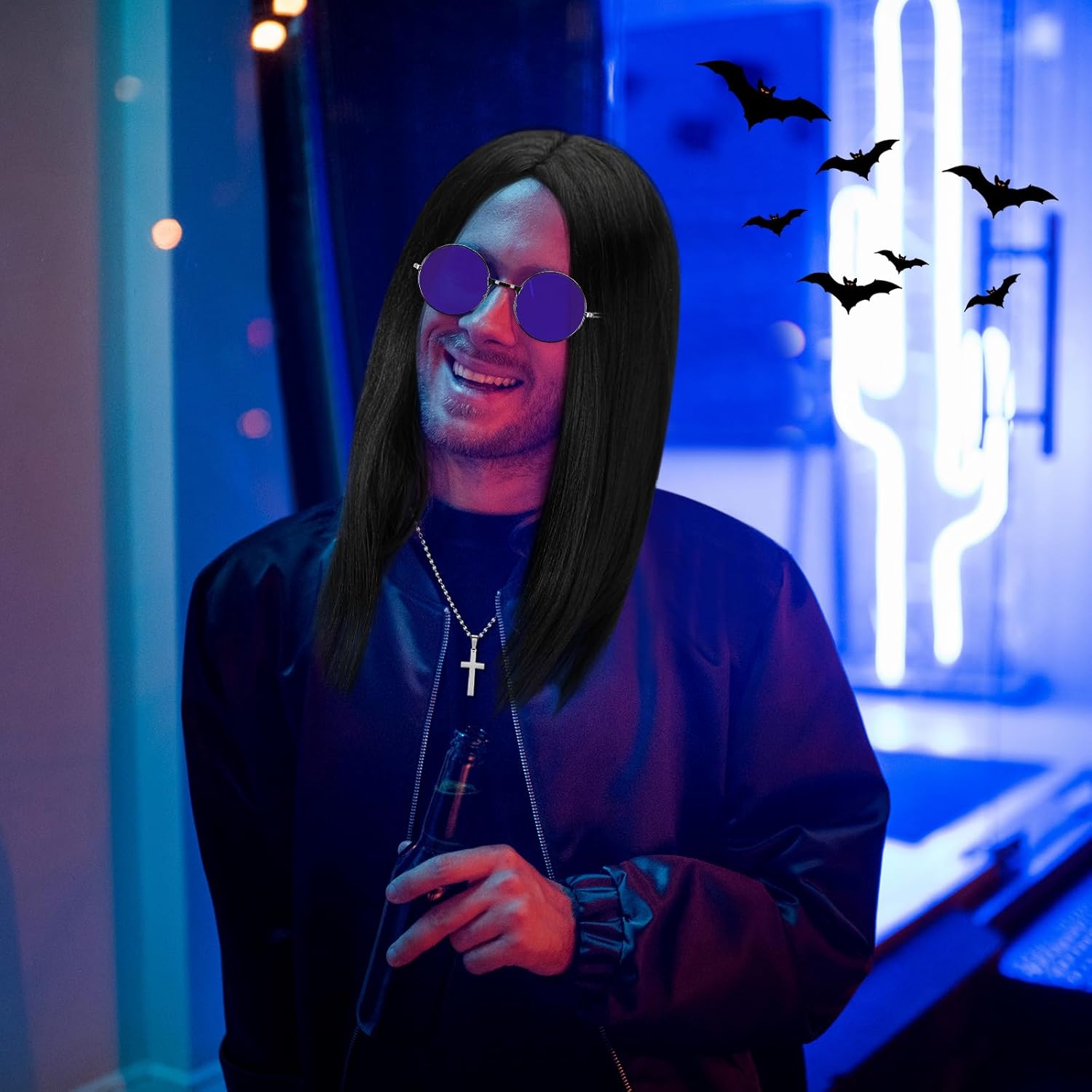 Highergo 3 Pcs Mens 80's Rock Costume Wig with Purple Round Hippie Glasses Cross Pendant Necklace 80s Hip Hop Rock Cosplay Costume Accessories for Men Halloween Cosplay Party Accessories - Image 5