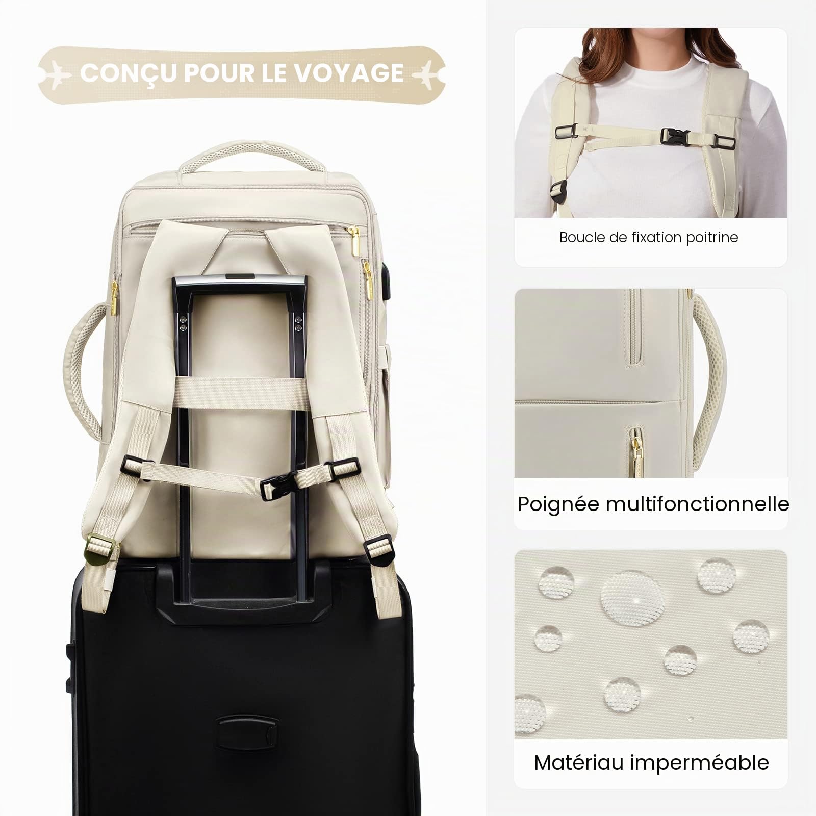 LOVEVOOK Sac à Dos Voyage Femme Homme Sac A Dos Cabine Avion extensible 25-35L Grand Sac à Dos Bagage à Main Sac à Dos Ordinateur Portable 17 Pouces Imperméable Sac Ados Beige