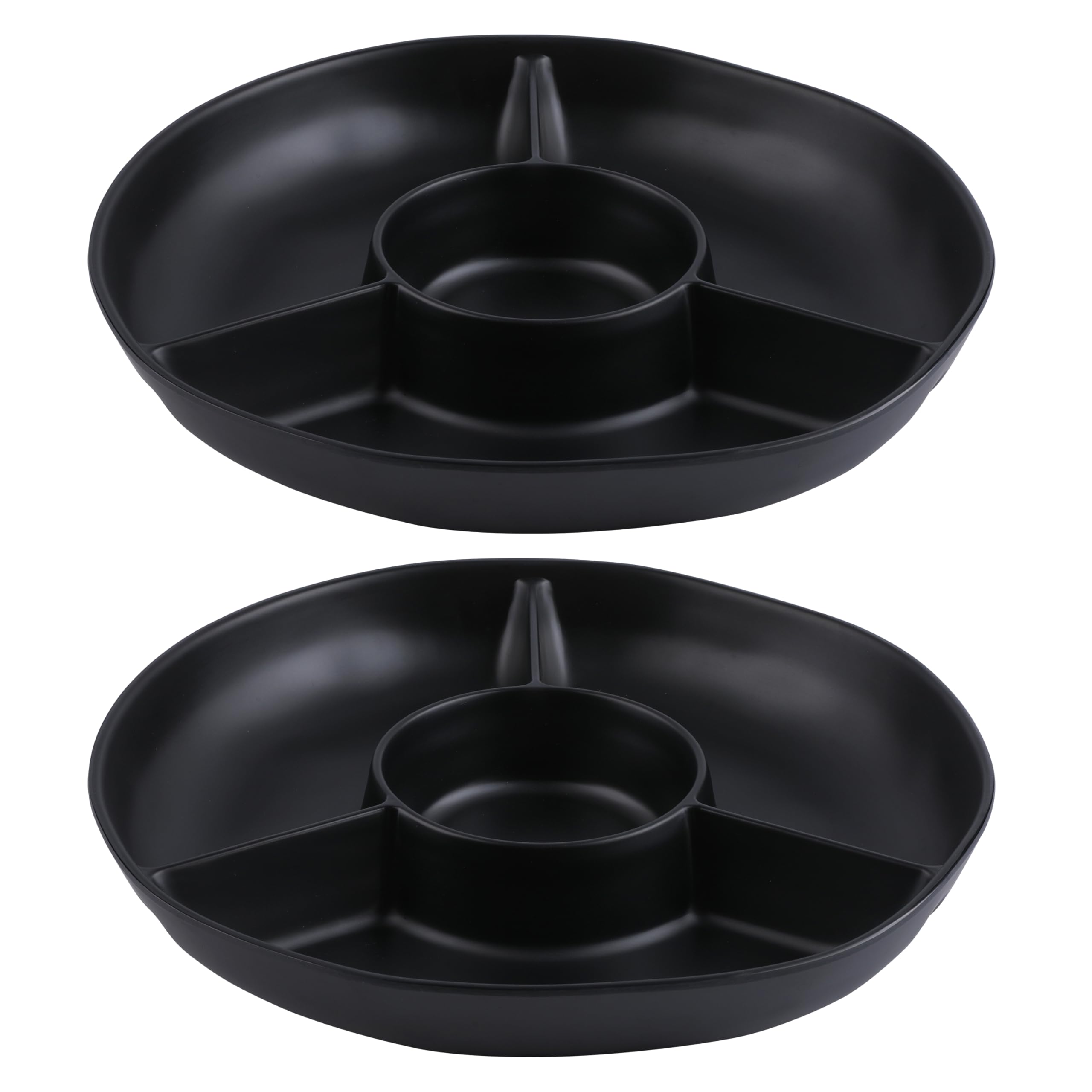 Zarocrus Chip & Dip Serving Tray Set, 4 Sectional Round Melamine Serving Platter, Relish Tray, Round Compartment Appetizer Platter for Veggies, Candy and Snacks, Matte Black, Set of 2