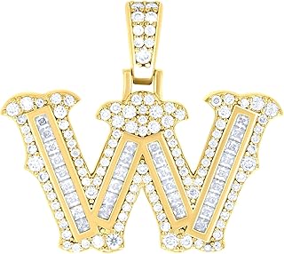 14K Yellow Gold Look 925 Sterling Silver Yellow-tone Unisex 0.97ct, 0.57ct Baguette Round Moissanite Initial W Pendant