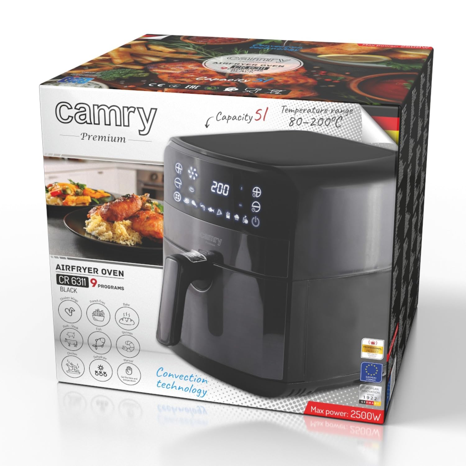 CAMRY Frytkownica Beztłuszczowa Air Fryer, Pojemność 5L, 9 Automatycznych Programów, Panel Dotykowy LED, Moc 2500W, Zakres temperatur: 80–200°C, Regulacja czasu do 60 min, Czarna